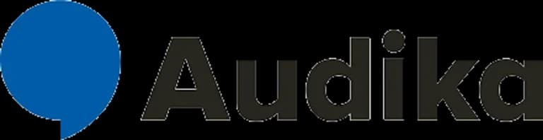 Audika logotyp med en blå bubbla till vänster.