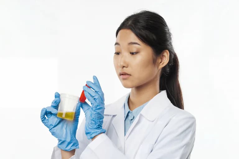 Laboratorietekniker i vit rock och blå handskar undersöker ett urinprov i en behållare med röd kork.
