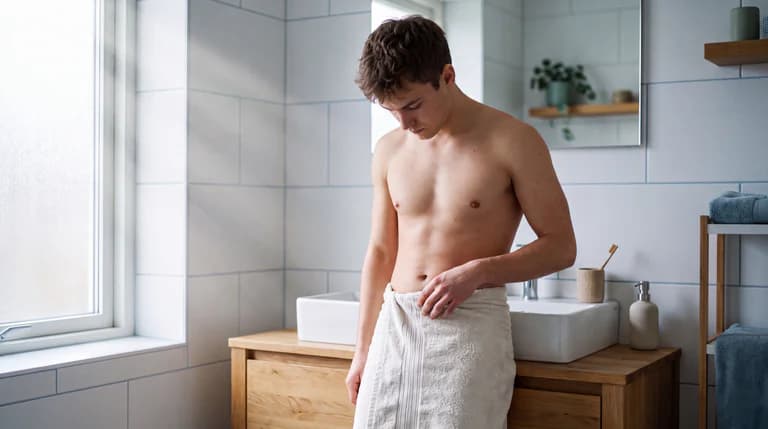 Man med handduk om midjan i ett ljust badrum tittar bekymrat nedåt mot underlivet.