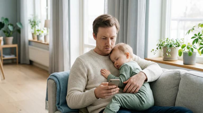 En pappa sitter i soffan med sitt sovande spädbarn i famnen och tittar på sin mobiltelefon.