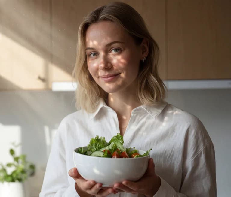 En ung kvinna med blont hår ler och håller en skål med sallad i köket.