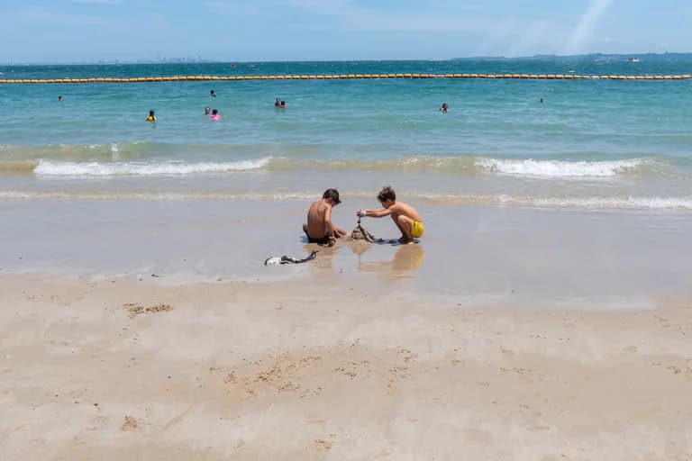 Två barn leker med sand och sjögräs på en solig strand med havet och en vågbrytarboj i bakgrunden.
