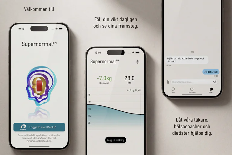 Tre skärmdumpar av en app som visar inloggning med BankID, en vikt- och BMI-graf och en chattfunktion med en läkare.