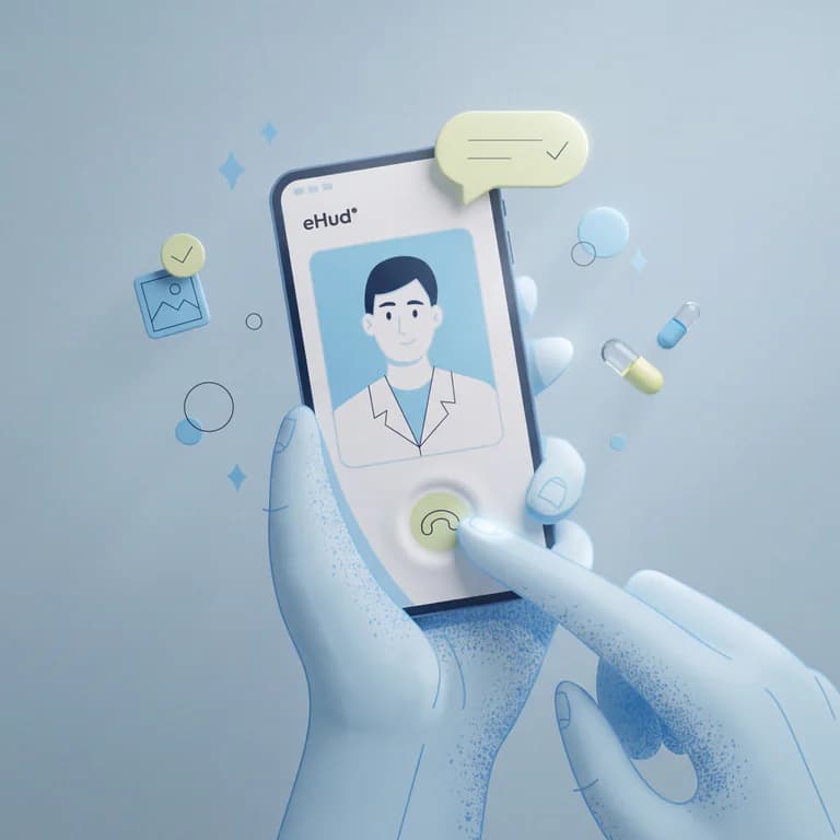 Illustration av en hand som håller en smartphone med en läkare på skärmen för ett videosamtal, med medicinska ikoner runt omkring.