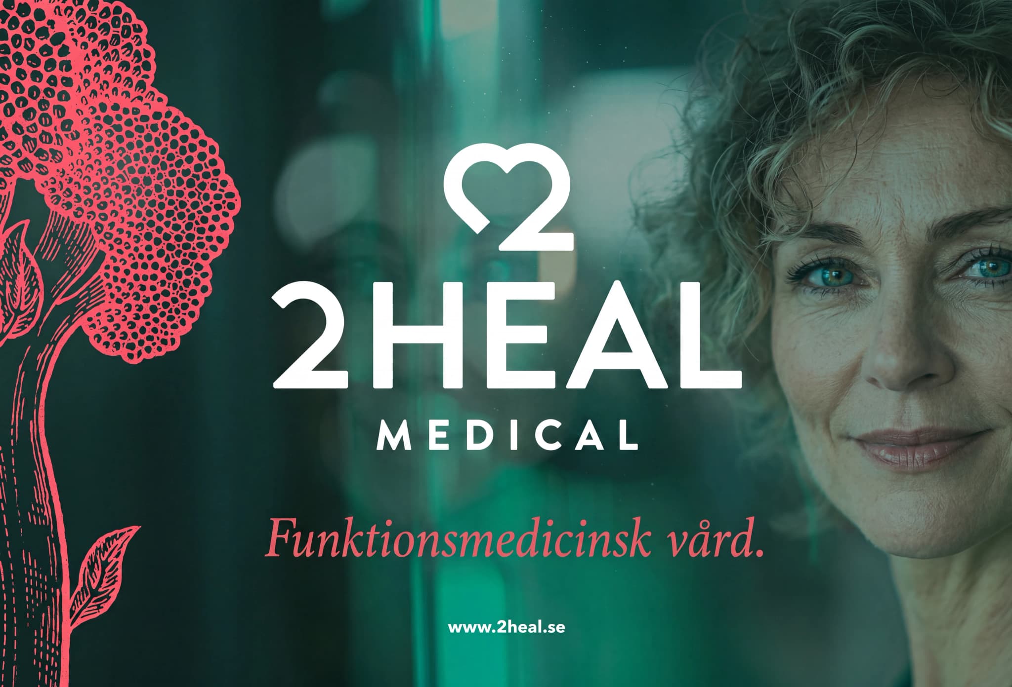 En kvinna ler framför logotypen och texten för 2HEAL MEDICAL.