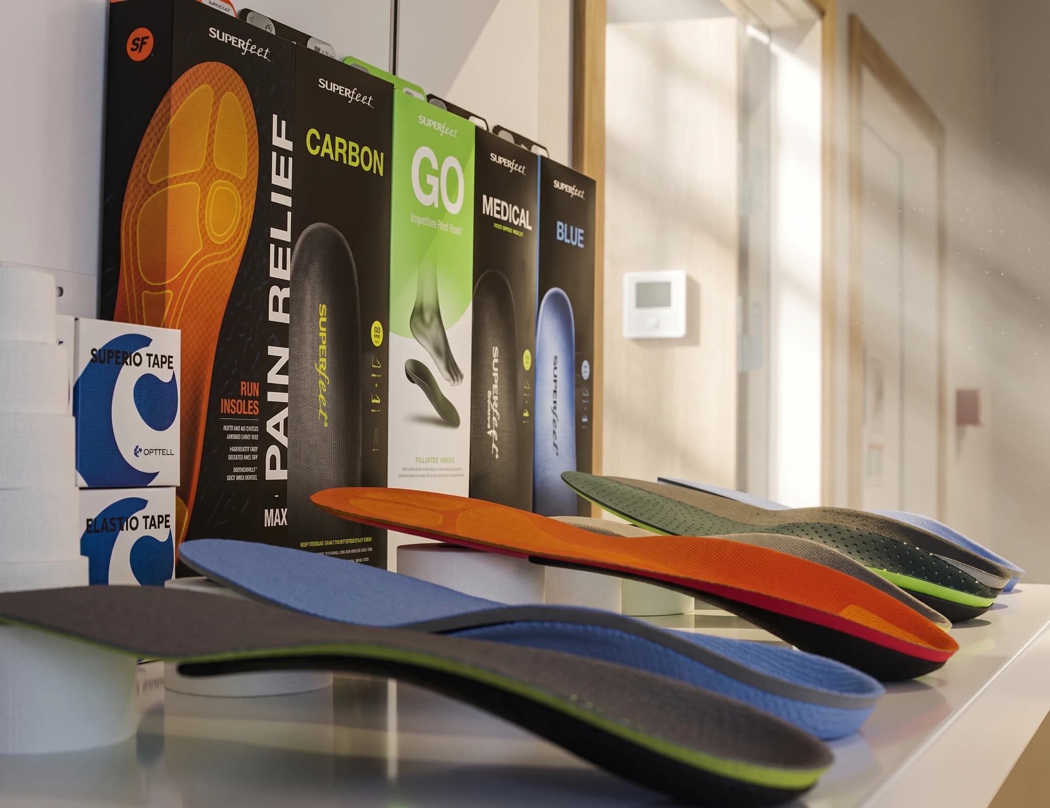 Fyra par fotinlägg i olika färger (blå, orange, grön, svart) ligger på en hylla framför kartonger för varumärket Superfeet, inklusive varianterna "Pain Relief", "Carbon", "Go" och "Medical Blue". Två små kartonger med texten "Kinesio Tape" ligger till vänster.