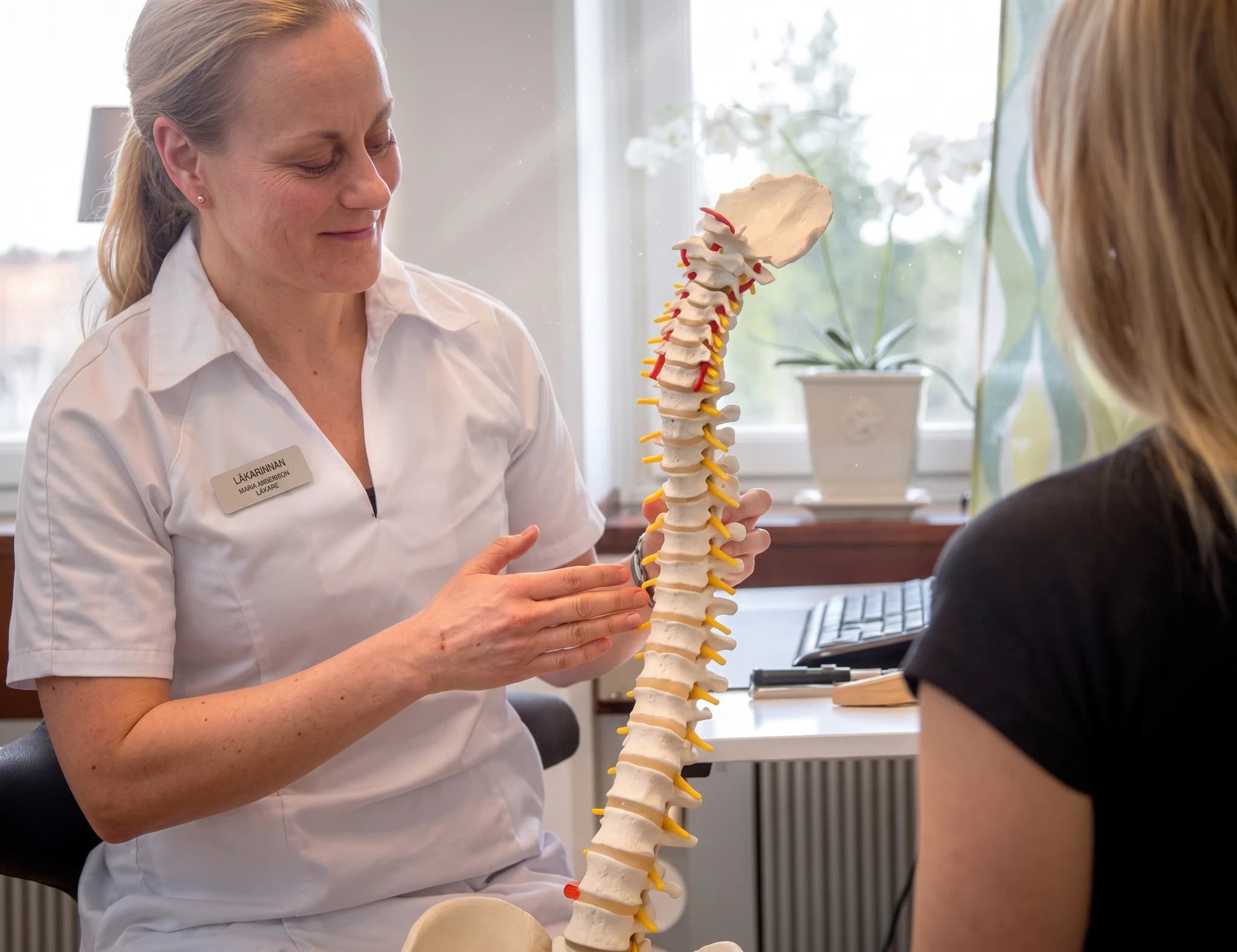 Kiropraktor förklarar en ryggradsmodell för en patient på ett kontor.
