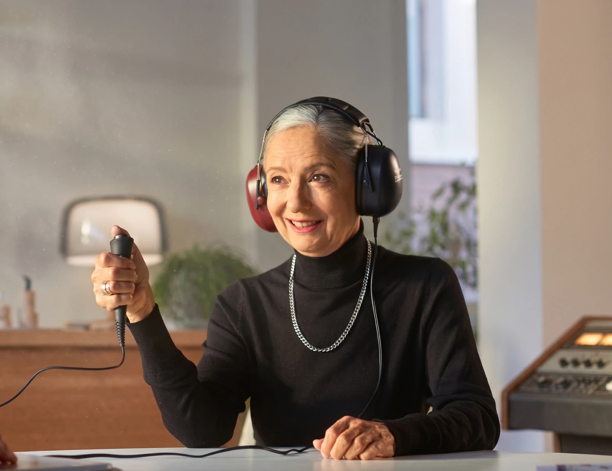 Äldre kvinna med hörlurar och en audiometer som utför ett hörseltest.