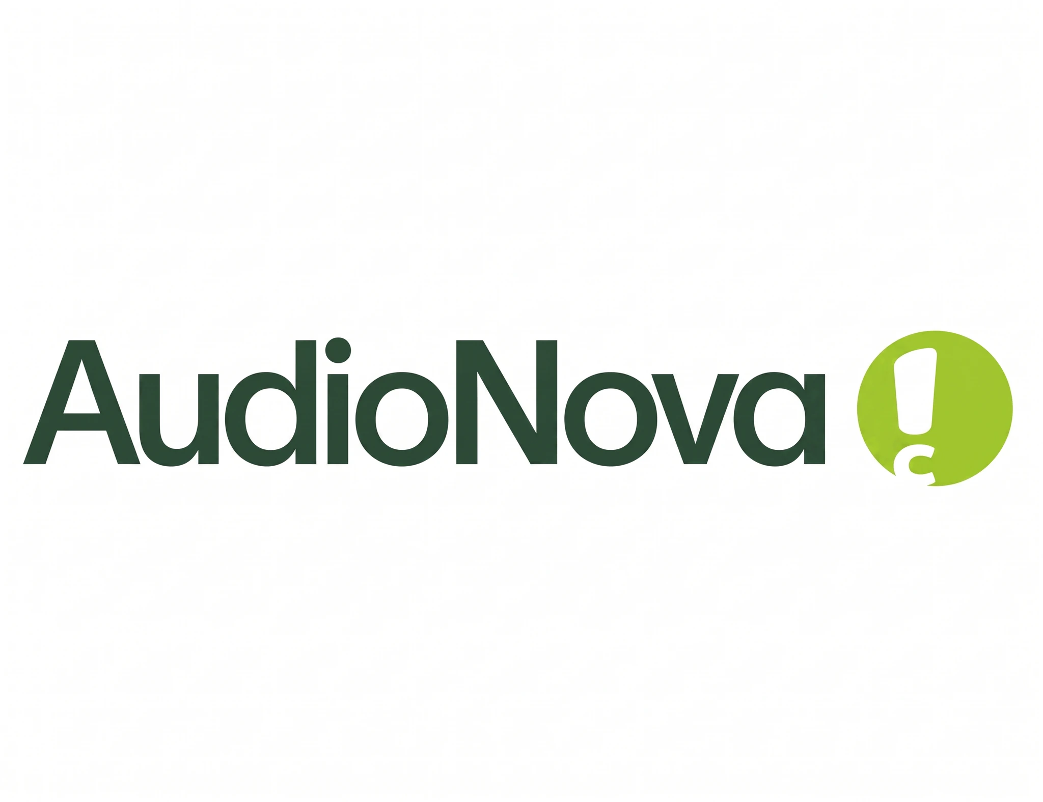 AudioNova logotyp i mörkgrönt med ett grönt cirkulärt utropstecken.