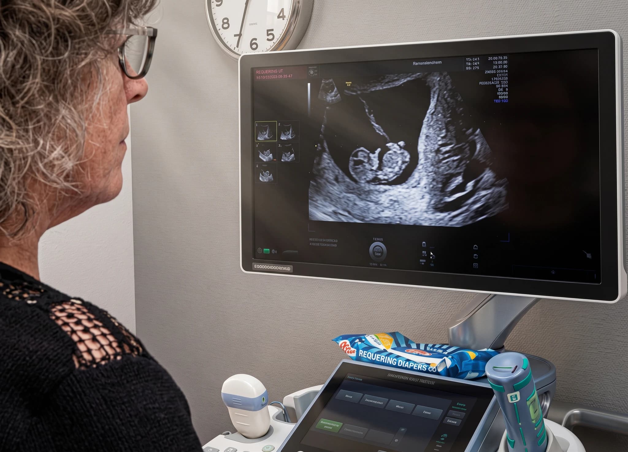 Kvinna tittar på en ultraljudsskärm som visar ett foster.