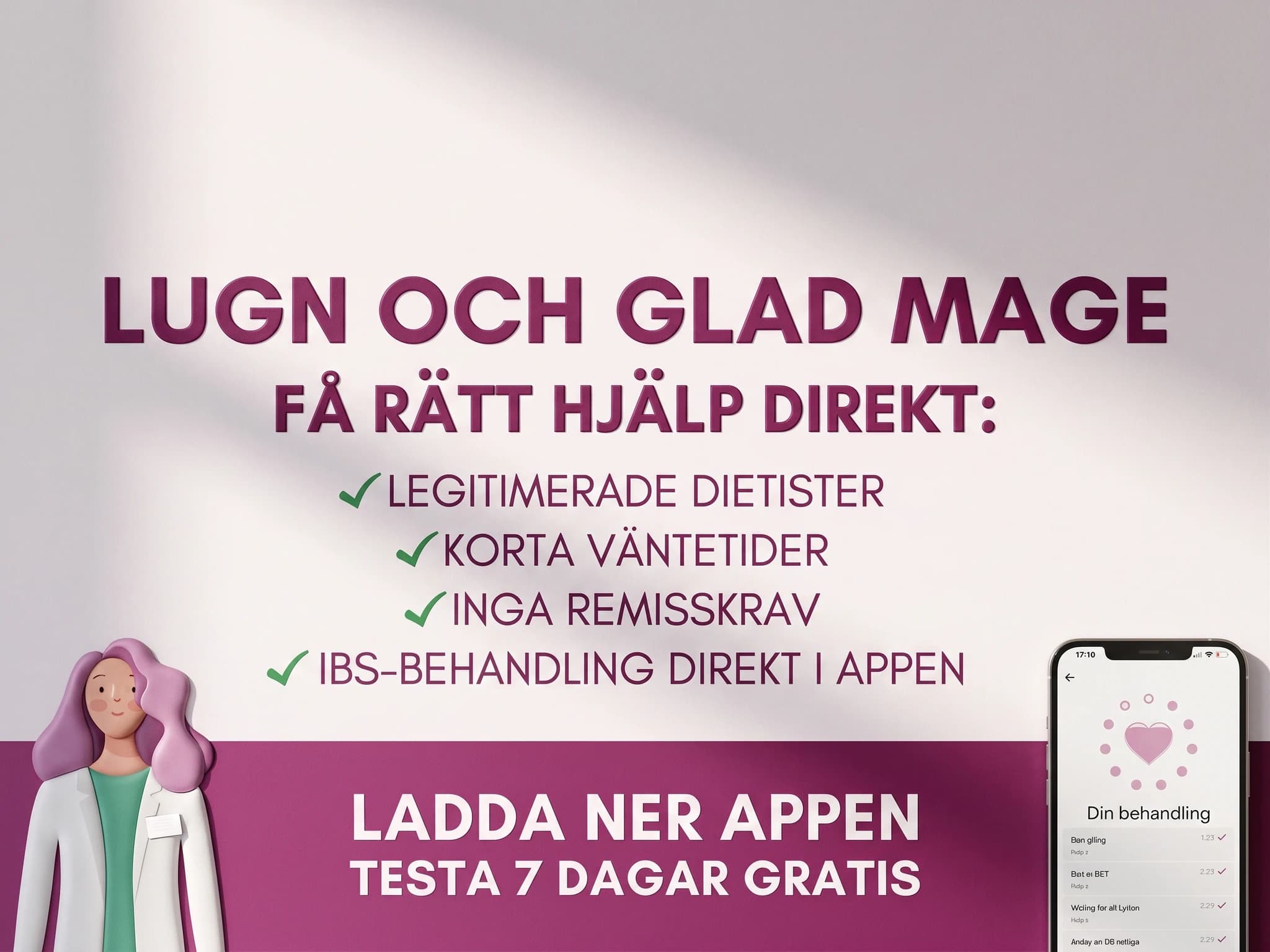 Illustration av en kvinnlig dietist som gestikulerar bredvid en telefon med en hjärtgrafik, som representerar en digital IBS-behandling.