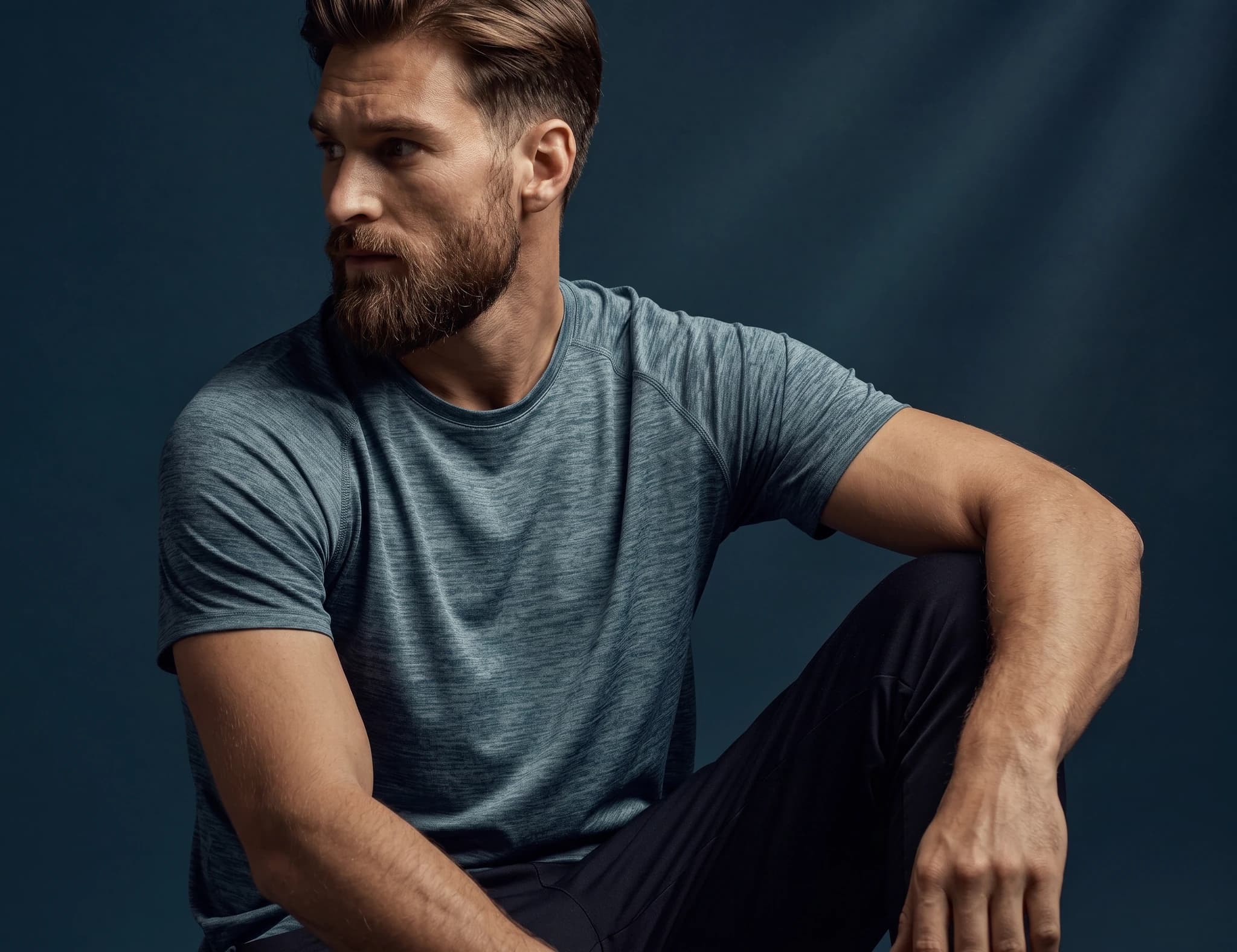 En man med skägg sitter och tittar bortåt, klädd i en blåmelerad t-shirt och svarta byxor.