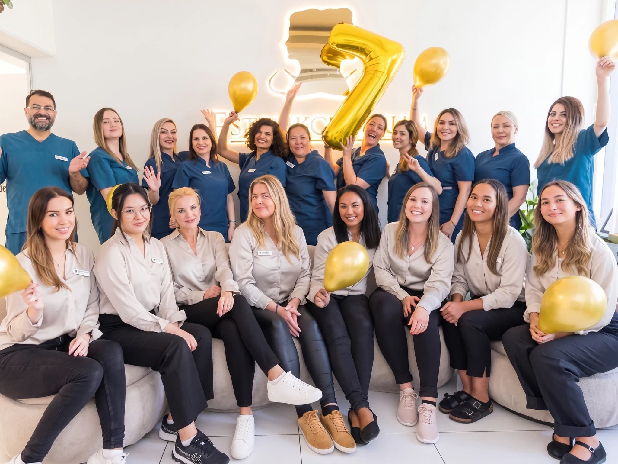 Ett team av anställda firar klinikens årsdag med ballonger, inklusive en stor gul siffra 7.