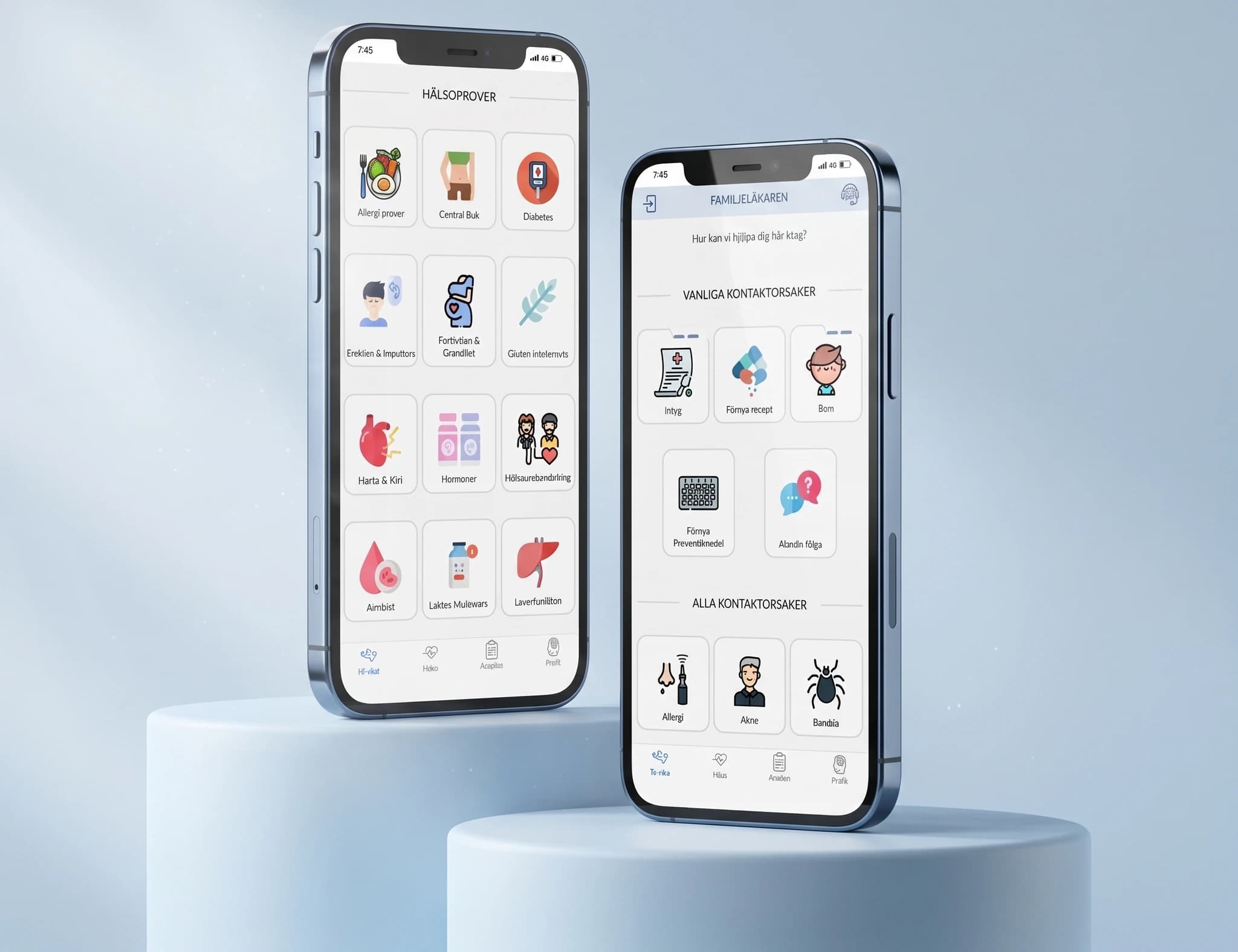 Två mobiltelefoner som visar en app med olika hälso- och familjeläkartjänster, med ikoner för tester, recept, barn, allergi och mer.