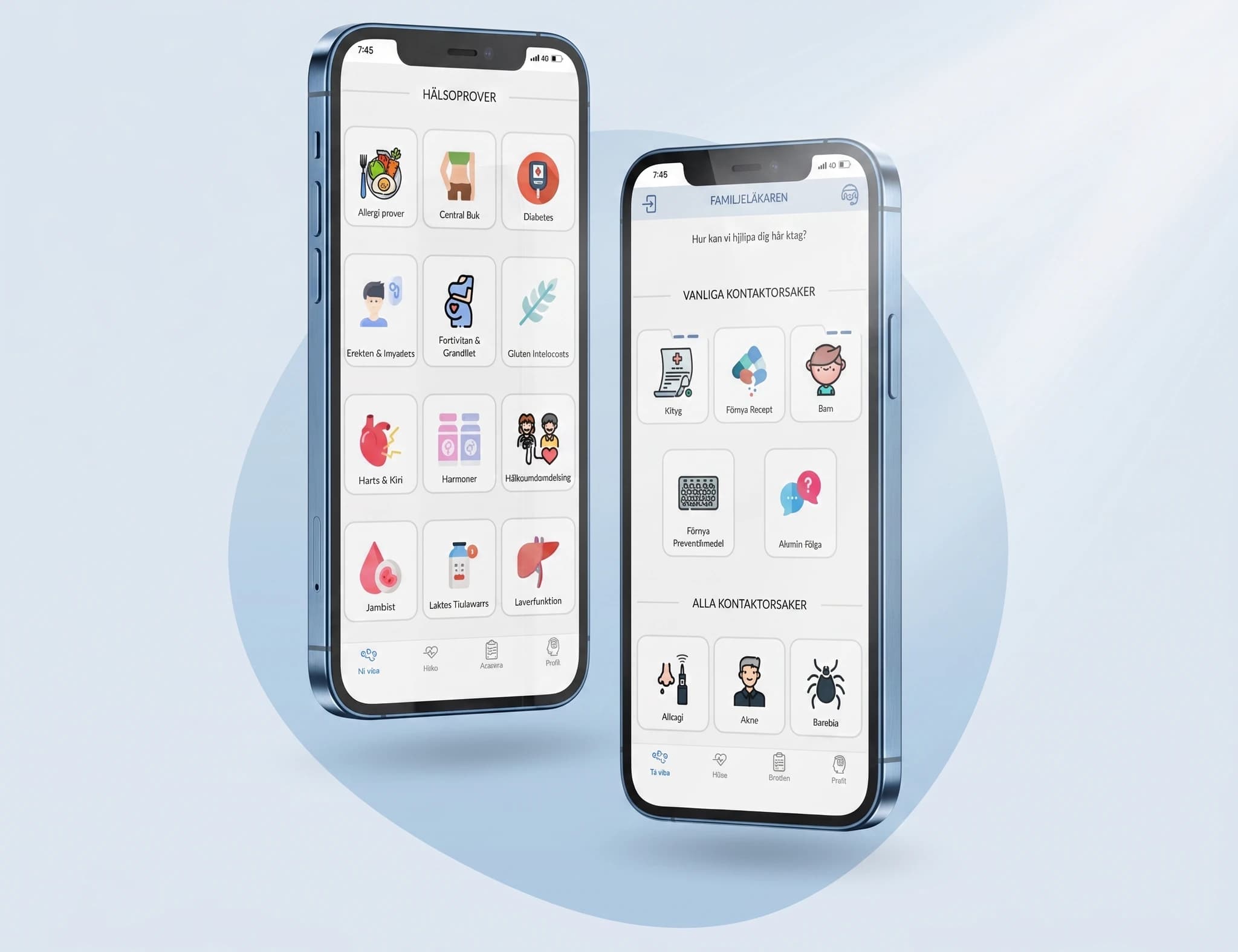 Två smartphones visar gränssnitt för en svensk hälso- och apoteksapp med ikoner för olika medicinska områden och vanliga kontaktorsaker.