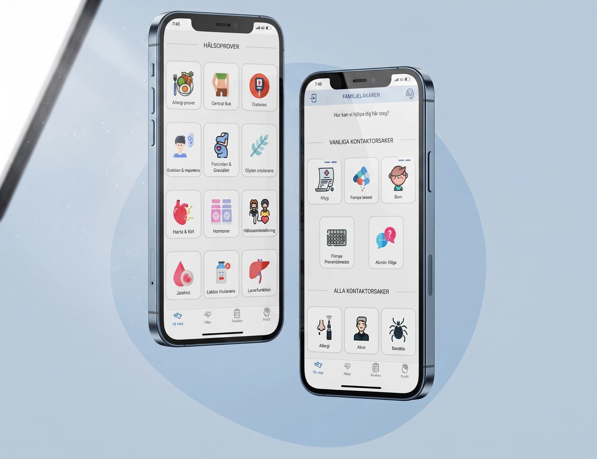 Två mobiltelefoner som visar en svensk hälsoplattform med olika medicinska ikoner och funktioner.