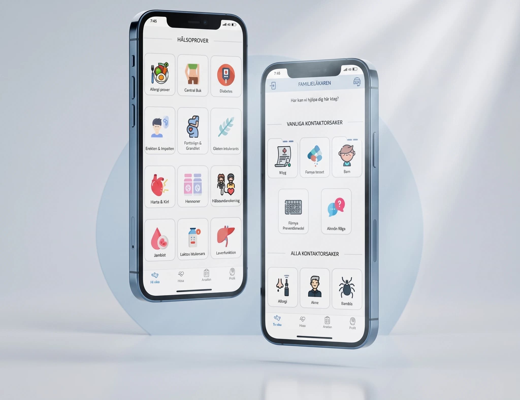 Två mobiltelefoner som visar en svensk hälsoapp med olika hälsotjänster och kontaktorsaker.