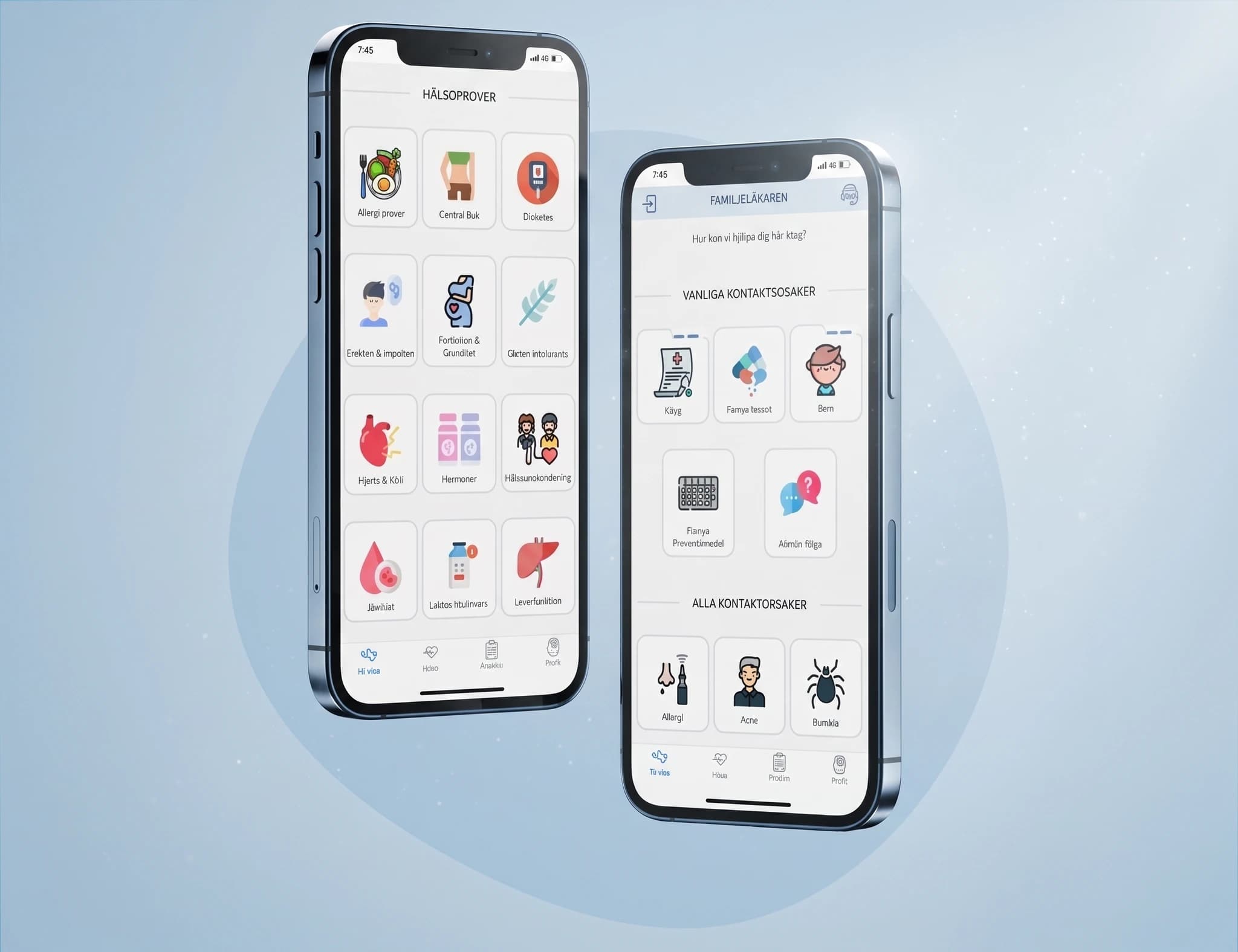 Två smartphones som visar en svensk hälsoapp med olika kategorier som allergier, diabetes, graviditet och hjärthälsa.