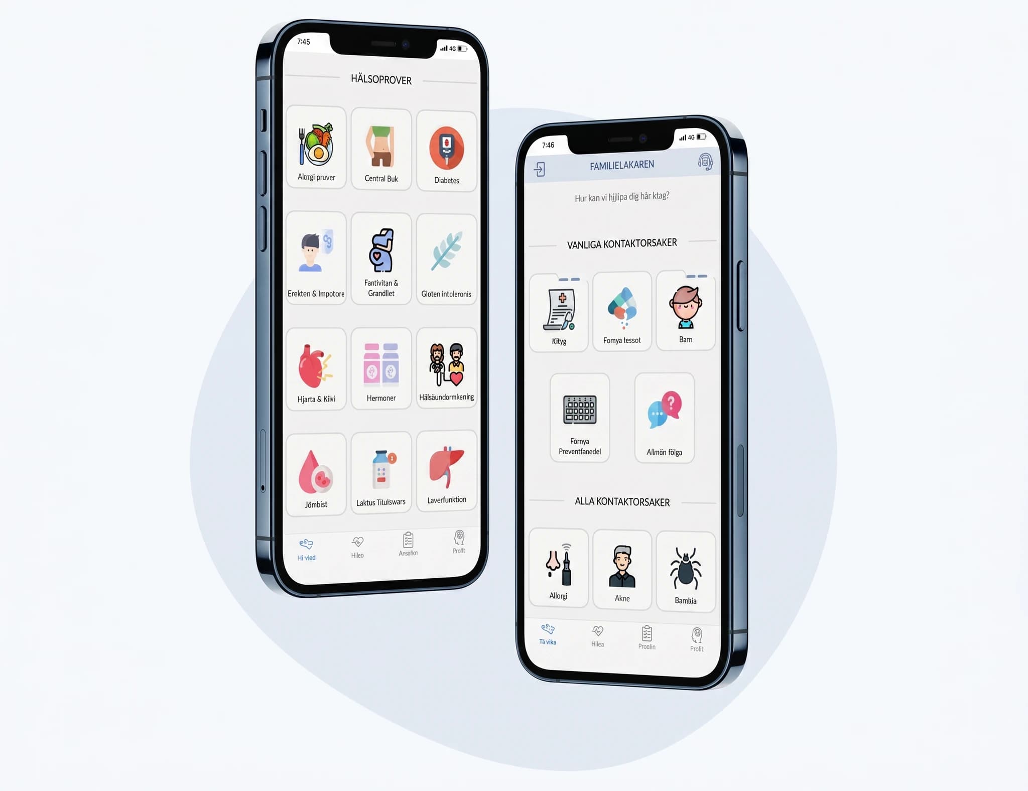 Två smartphones som visar en app med olika hälsotjänster och kontaktalternativ.