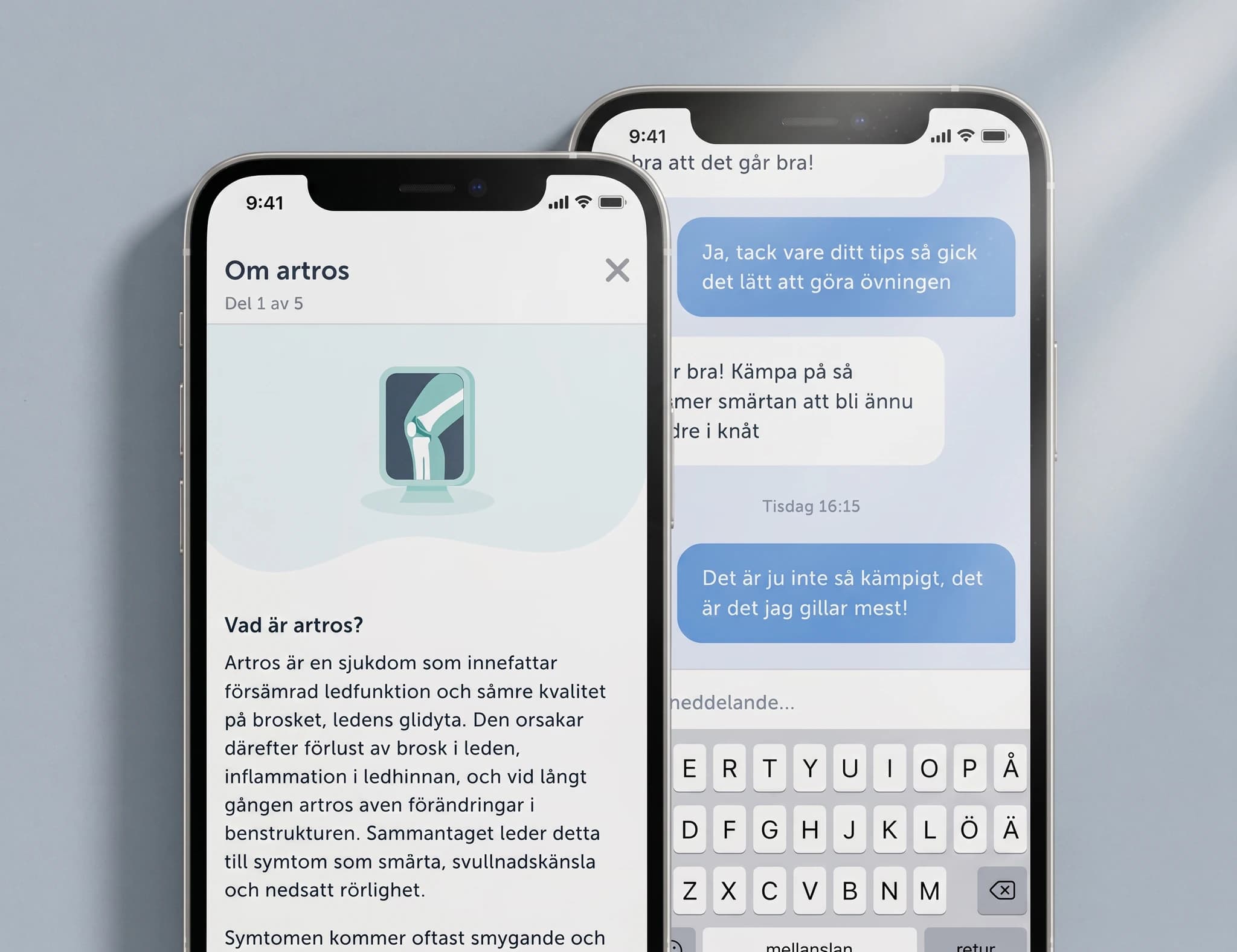 Två mobilskärmar som visar en app om artros. Den ena skärmen förklarar vad artros är, medan den andra visar en chattkonversation.