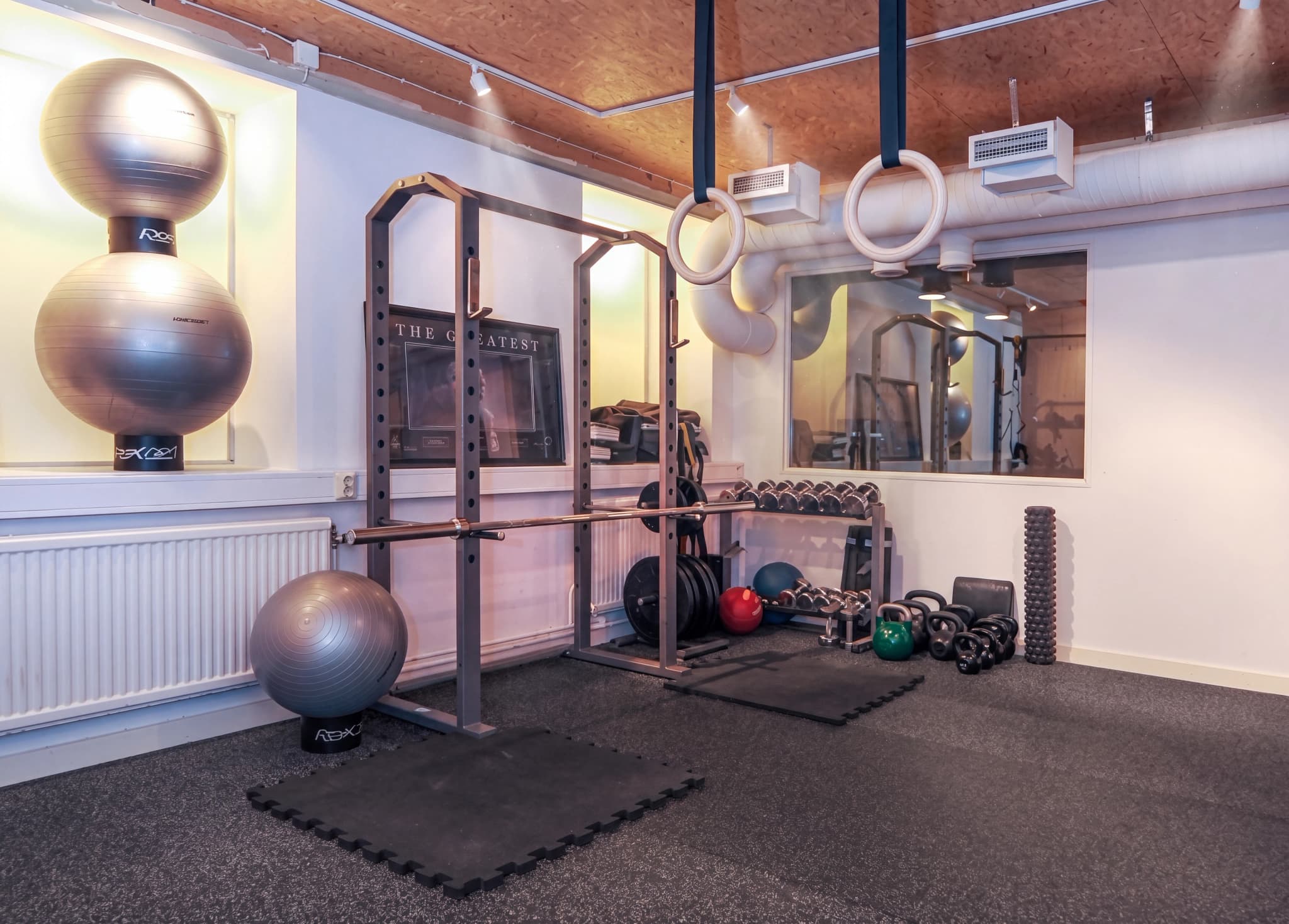 Ett modernt gym med träningsutrustning som vikter, hantlar, gummiband och ringar.
