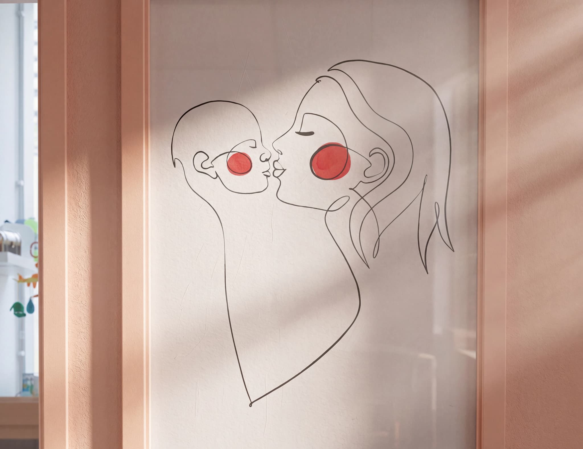 Linjekonstillustration av en mamma som kysser sitt barn, med röda cirklar på deras kinder.