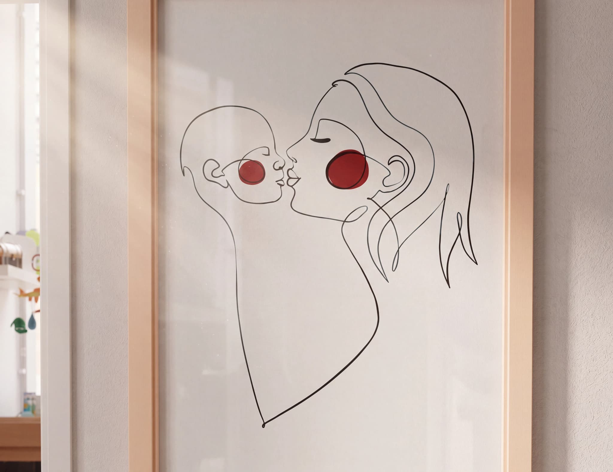 Abstrakt linjekonst av en mamma som kysser sitt barn, med röda cirklar på kinderna.