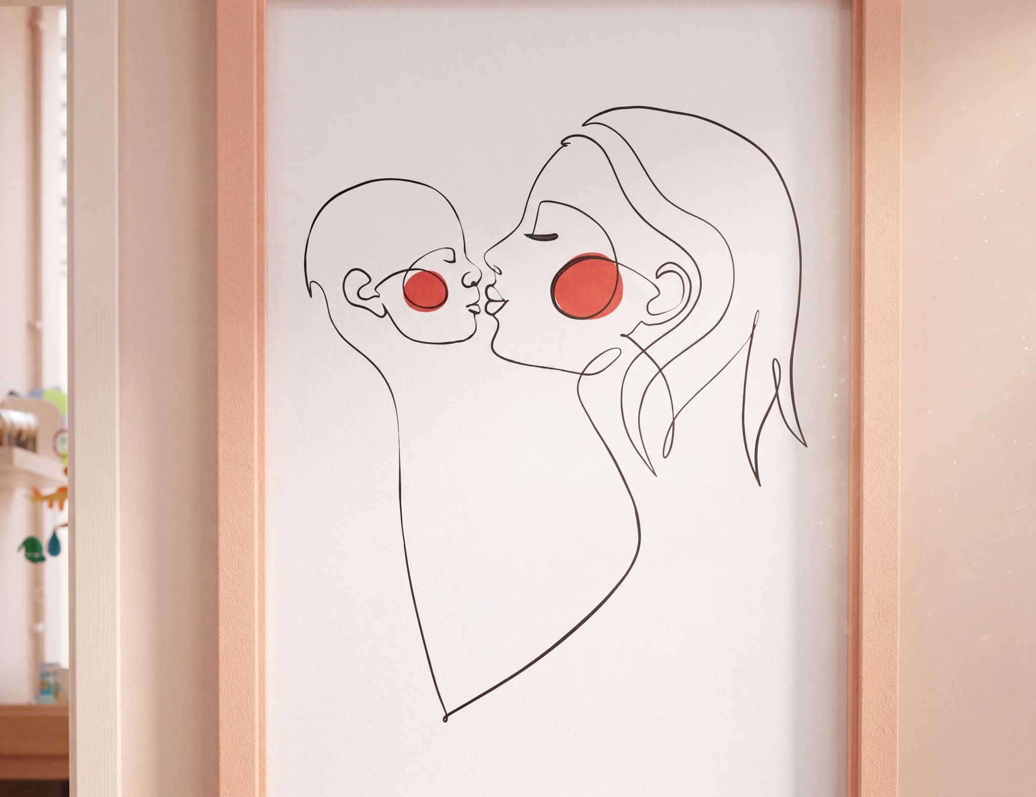 En linjekonstillustration av en mamma som kysser sitt barn på kinden, med röda cirklar som markerar kinderna.