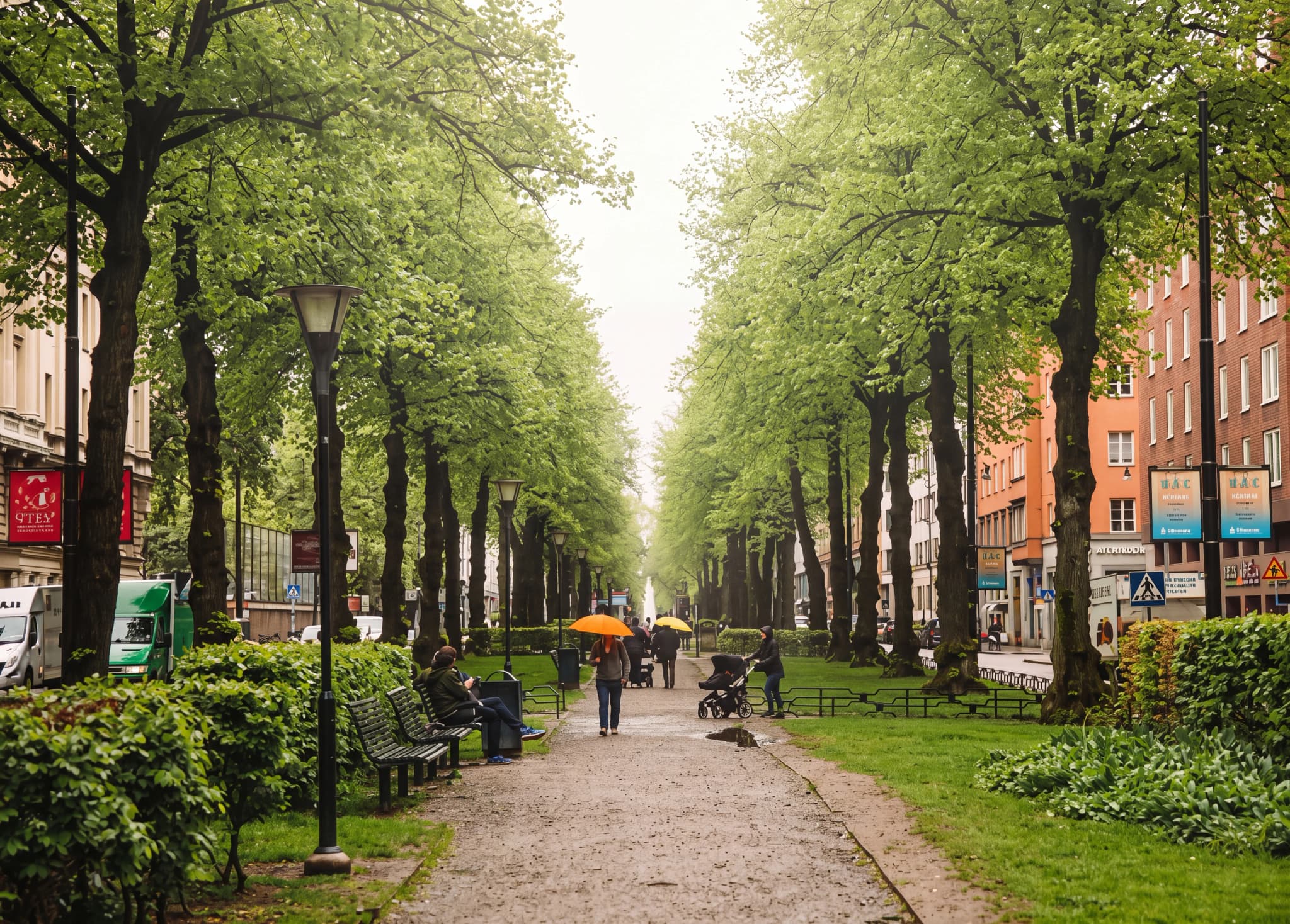 En trädkantad parkväg med människor som går och byggnader i bakgrunden.