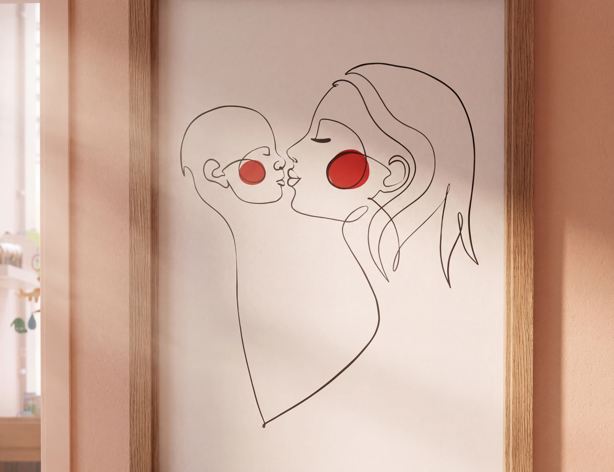 Linjekonstillustration av en mamma som kysser sitt barn, med röda cirklar på barnets och mammans kinder.