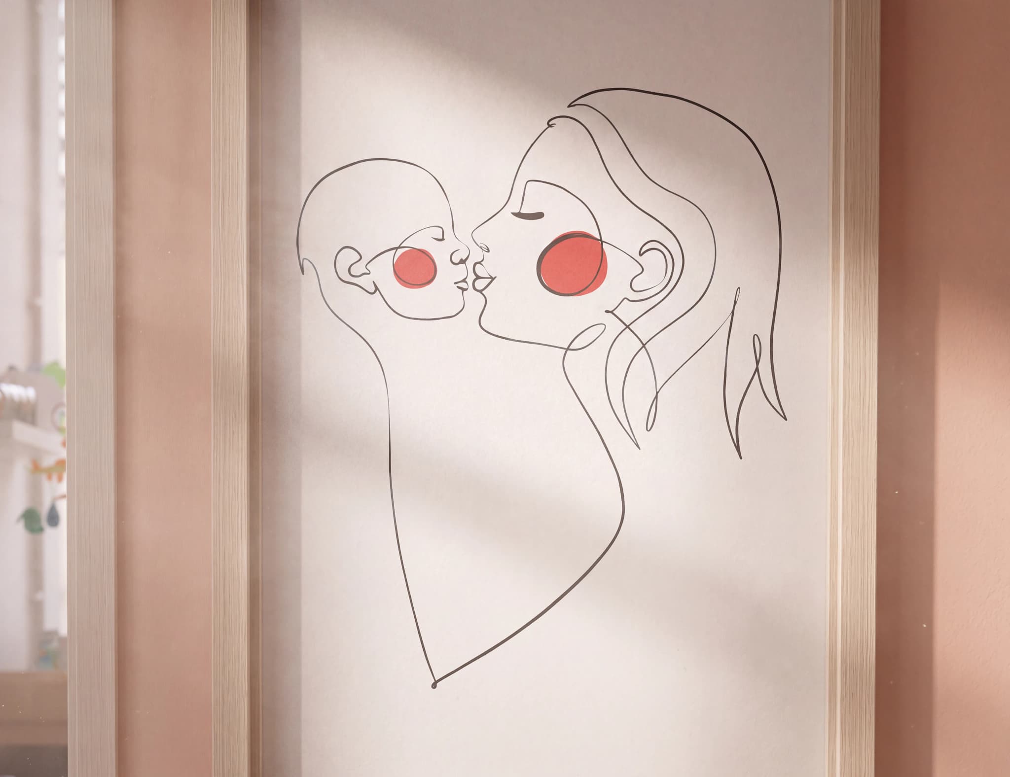 Linjekonst illustration av en mamma som kysser sitt barn, med röda cirklar på deras kinder.