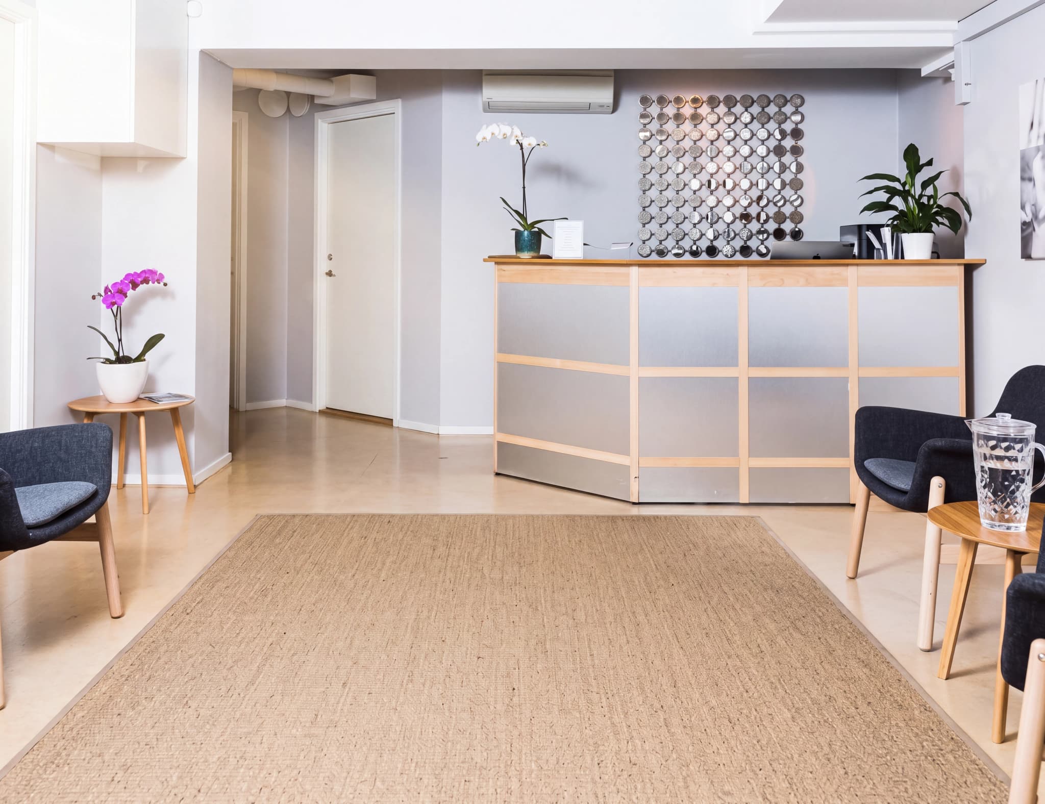 En ljus och modern klinikmottagning med reception och väntrum. En reception med metallisk front och trädetaljer, dekorerad med växter och en distinkt väggdekoration. Framför syns en del av ett väntrum med bekväma stolar, ett lågt bord med en vattenkaraff och en stor matta på golvet.