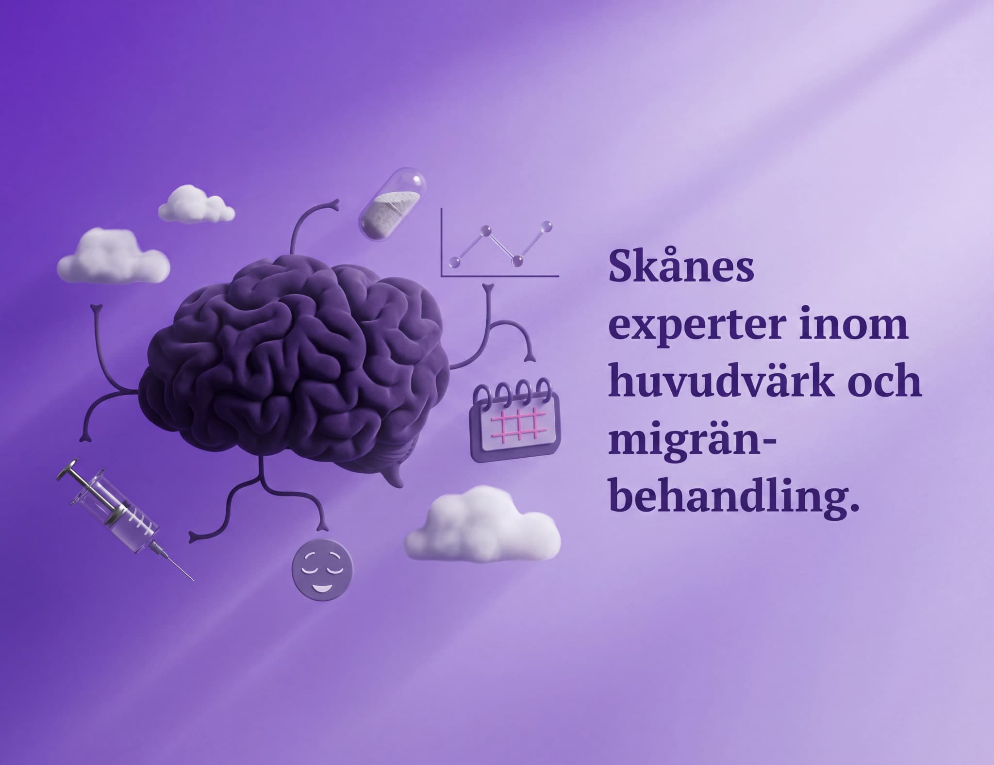 Illustration av en stiliserad hjärna med utskjutande grenar som representerar nerver, omgiven av medicinska ikoner som en spruta, en kapsel, ett kalenderblad och moln. Texten på höger sida lyder "Skånes experter inom huvudvärk och migränbehandling".