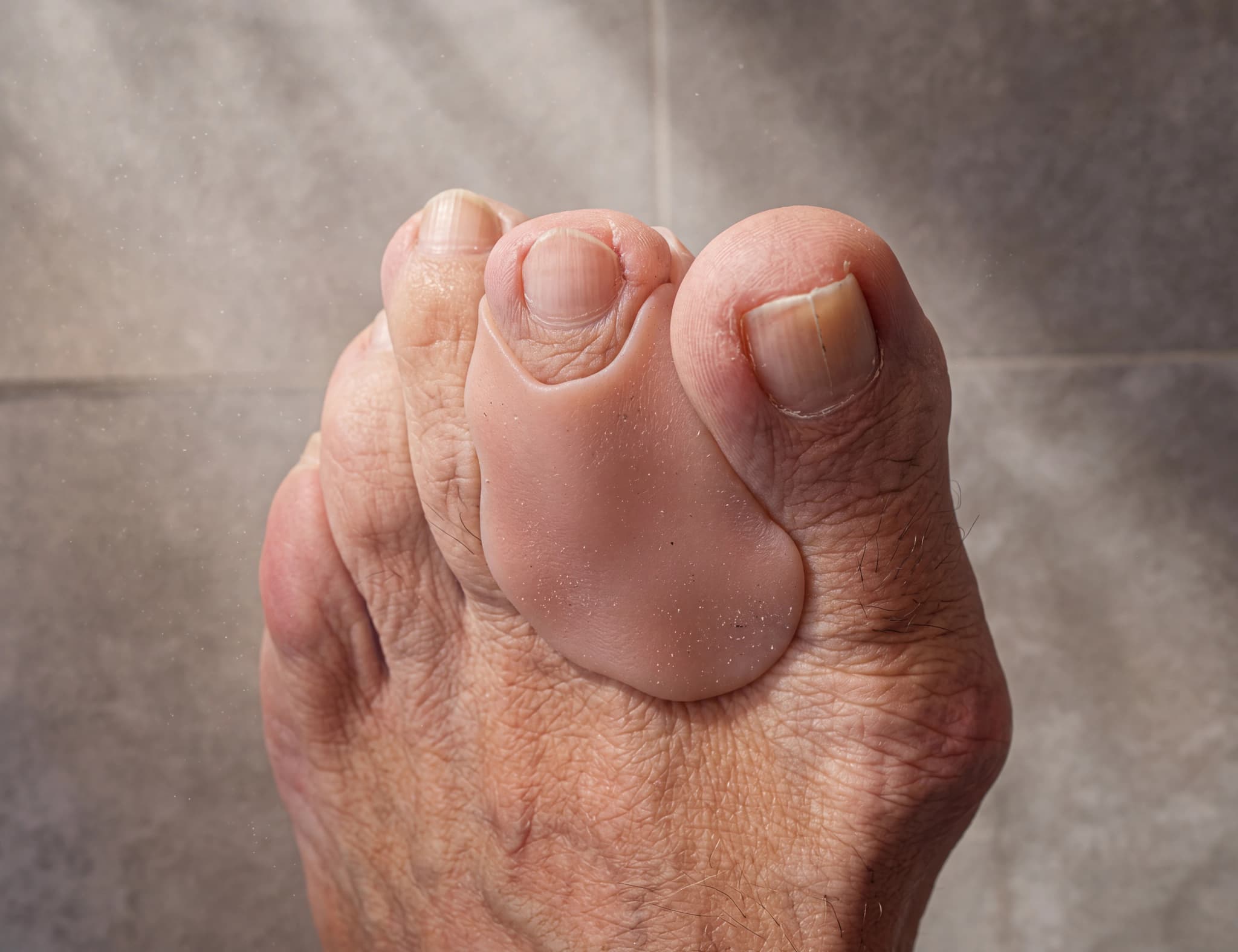 Närbild på en fot med blåsor mellan tårna och en hallux valgus (sned stortåled).