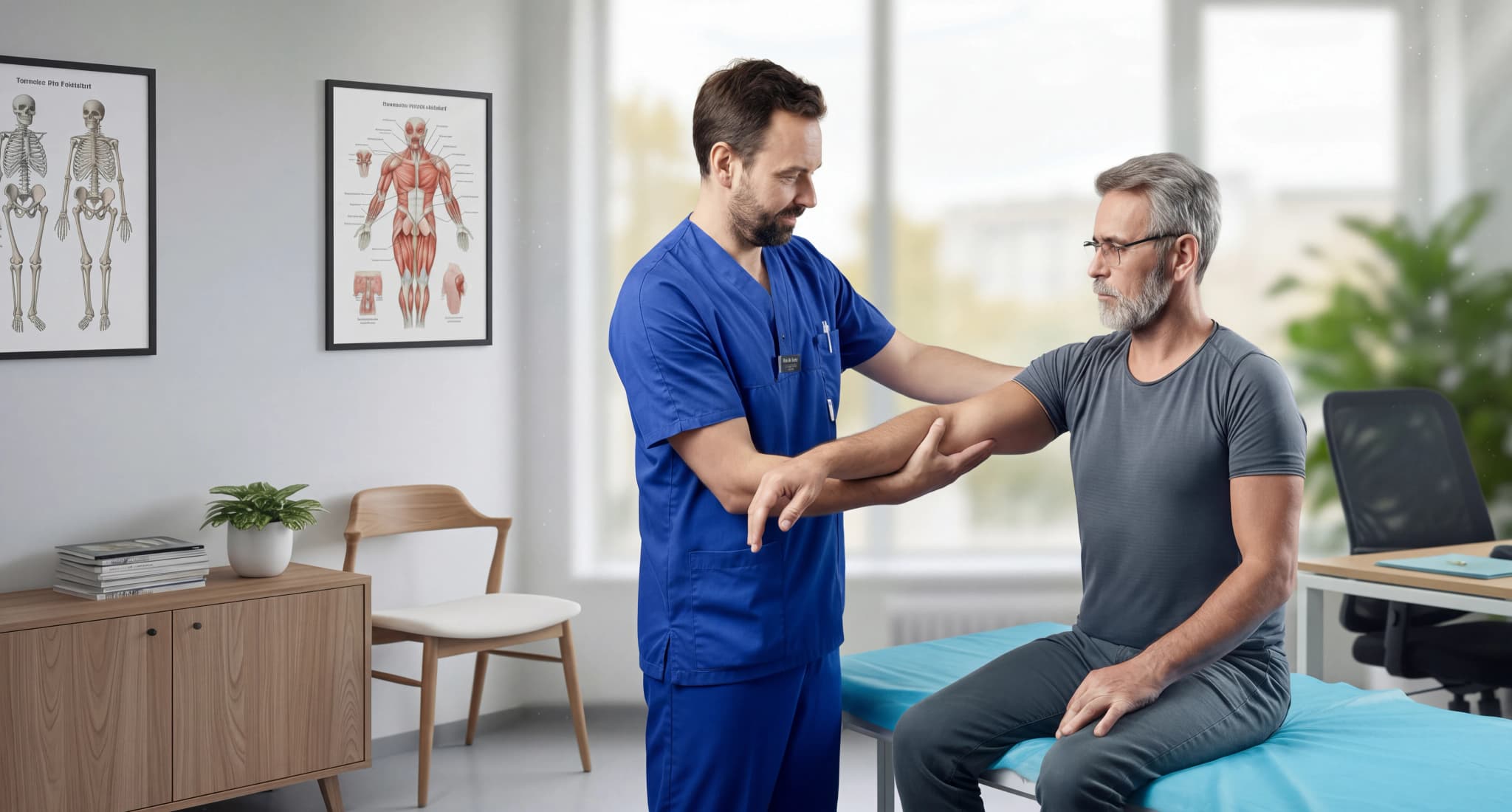 En fysioterapeut i blå arbetskläder undersöker en patients arm på en mottagning, med anatomiska affischer på väggen i bakgrunden.