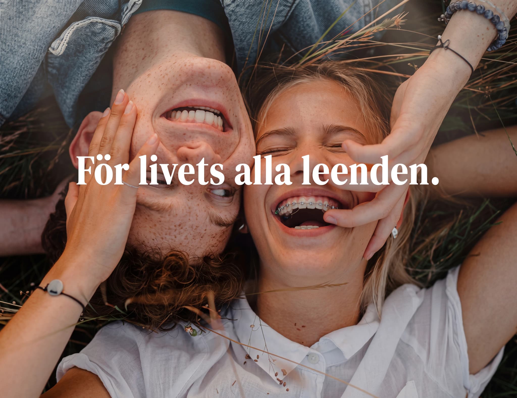 Ett ungt par ligger på rygg utomhus och skrattar, med en hand som smeker den andres ansikte.