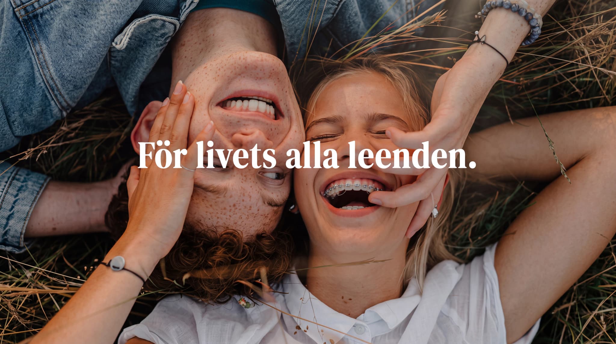 Ett par skrattar tillsammans utomhus, liggande på rygg i gräset.