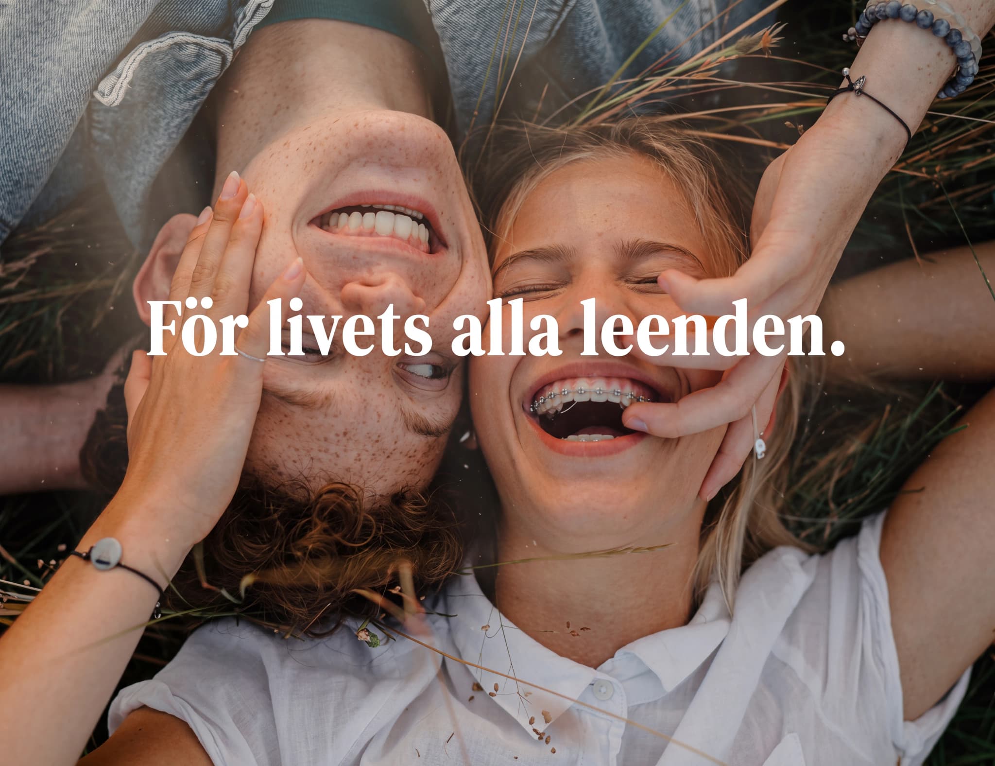 Ett ungt par ligger utsträckta utomhus och skrattar hjärtligt, med en hand som varsamt rör vid deras ansikten.