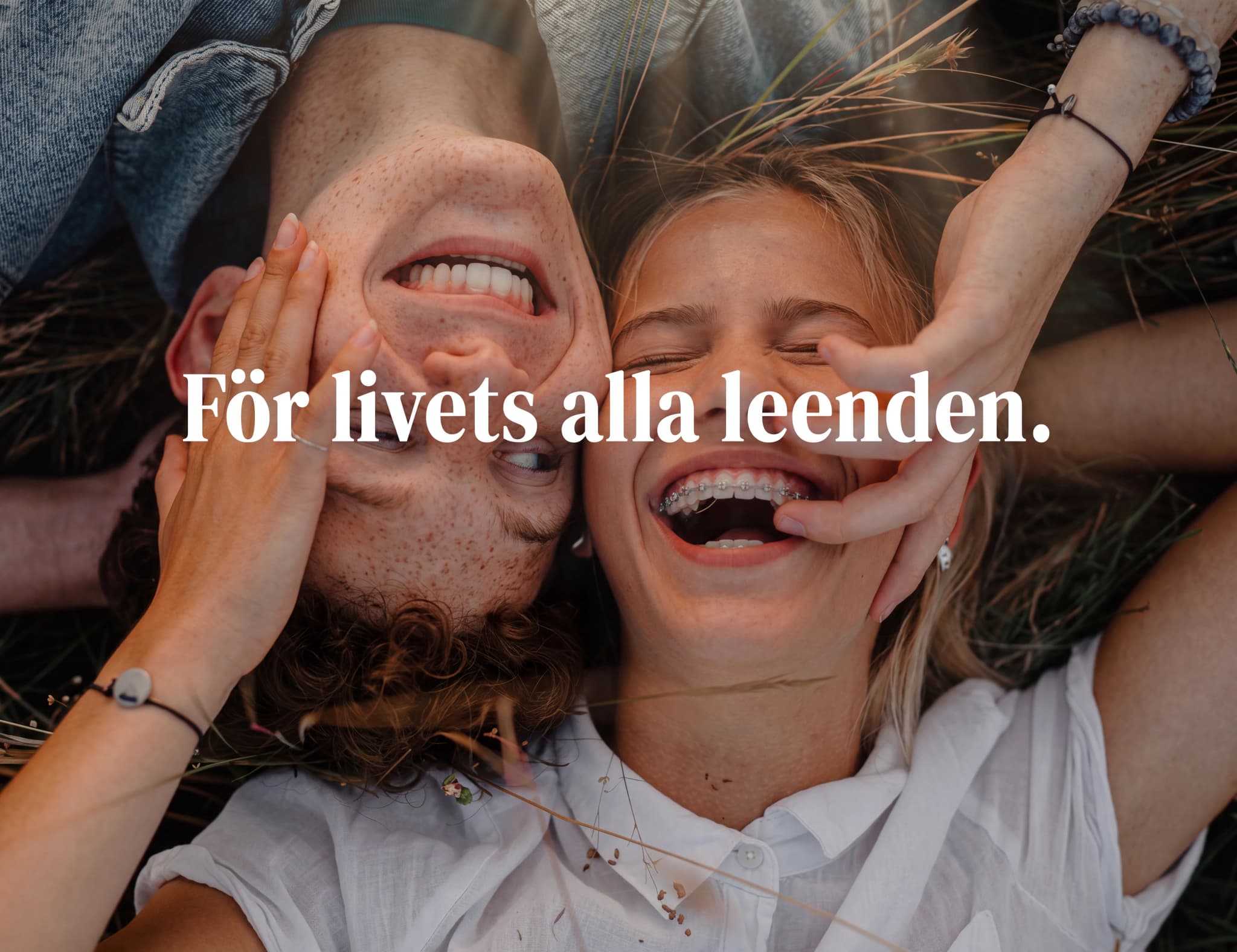 Två unga människor, en man och en kvinna, ligger på rygg utomhus och skrattar hjärtligt. Kvinnan har tandställning. En hand rör vid mannens ansikte och en annan vid kvinnans ansikte.