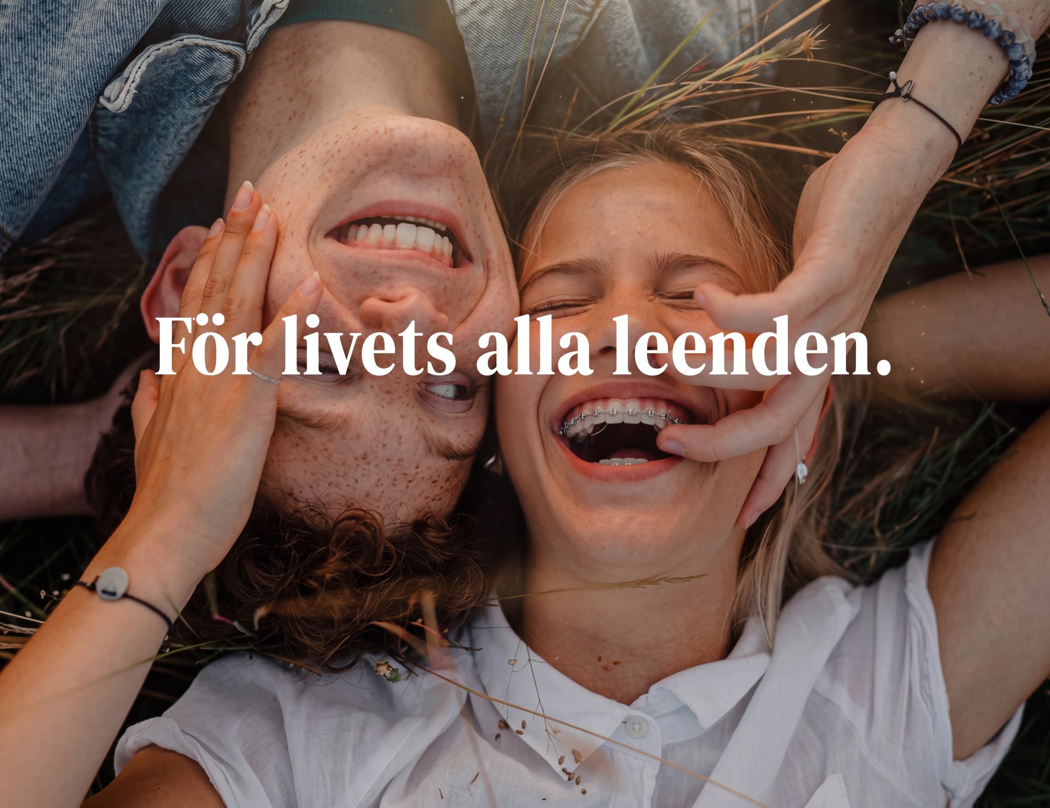 Ett ungt par ligger på rygg utomhus och skrattar hjärtligt.