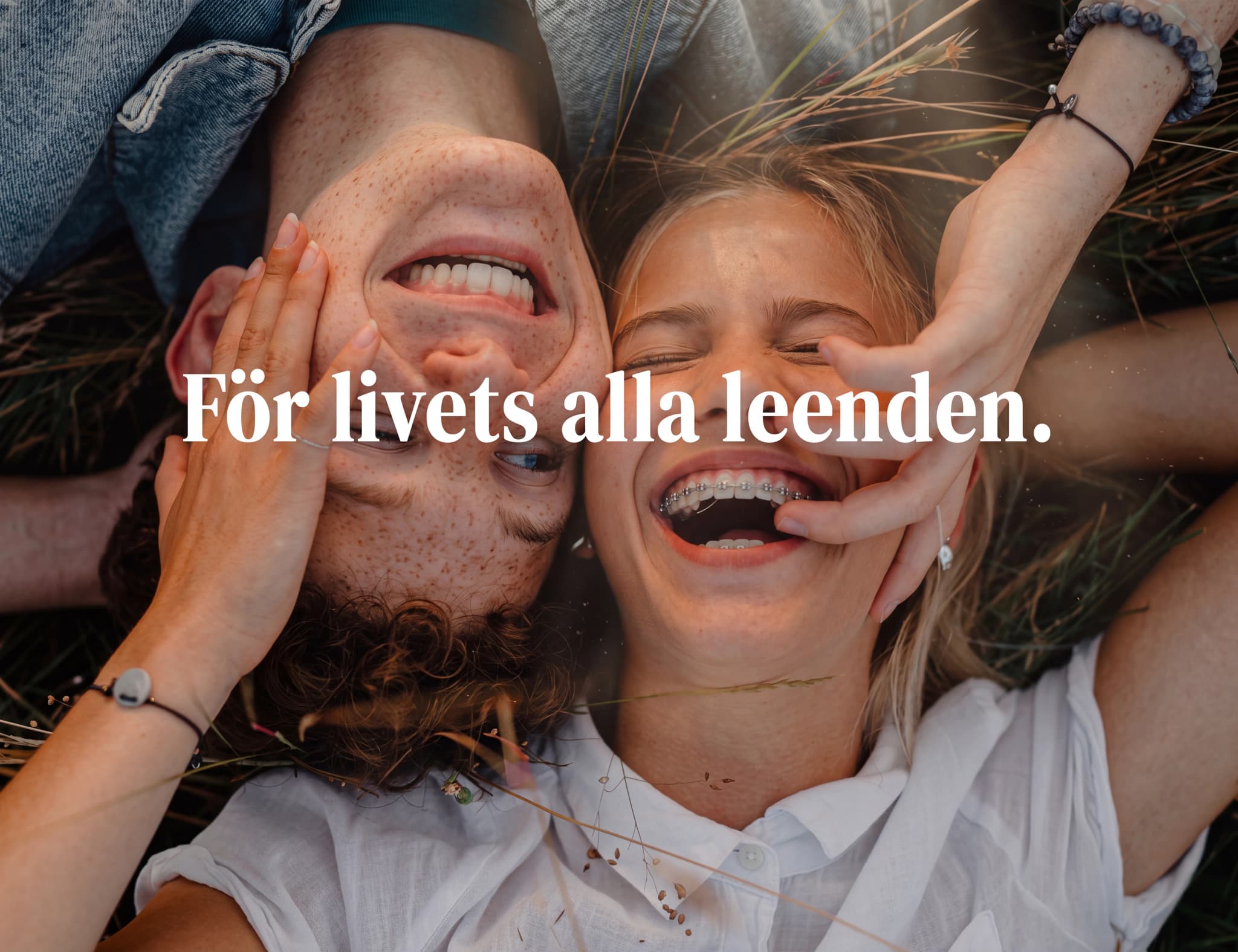 Ett ungt par ligger på marken och skrattar, en av dem har tandställning.