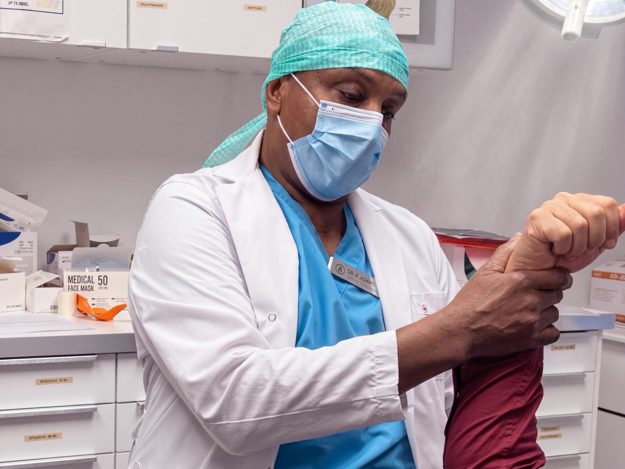 Läkare i operationskläder och munskydd undersöker patientens arm på en mottagning.