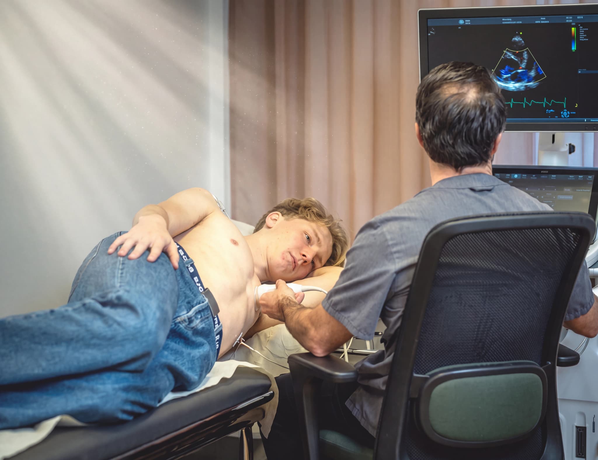 Läkare utför ett ekokardiogram på en patient som ligger på en brits, med ultraljudsskärmen i bakgrunden.