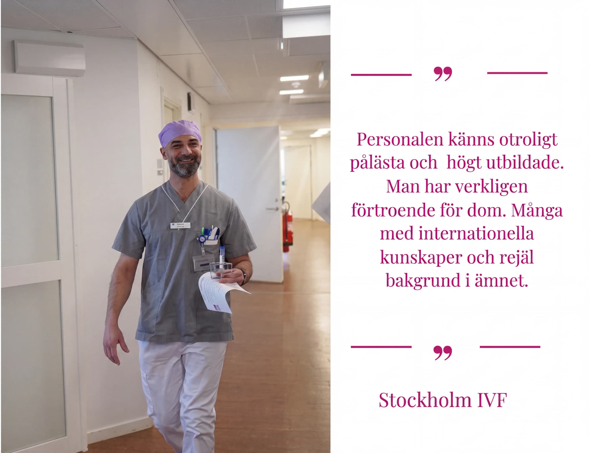 Läkare i lila mössa och grå kläder går i en sjukhuskorridor och håller papper och penna.