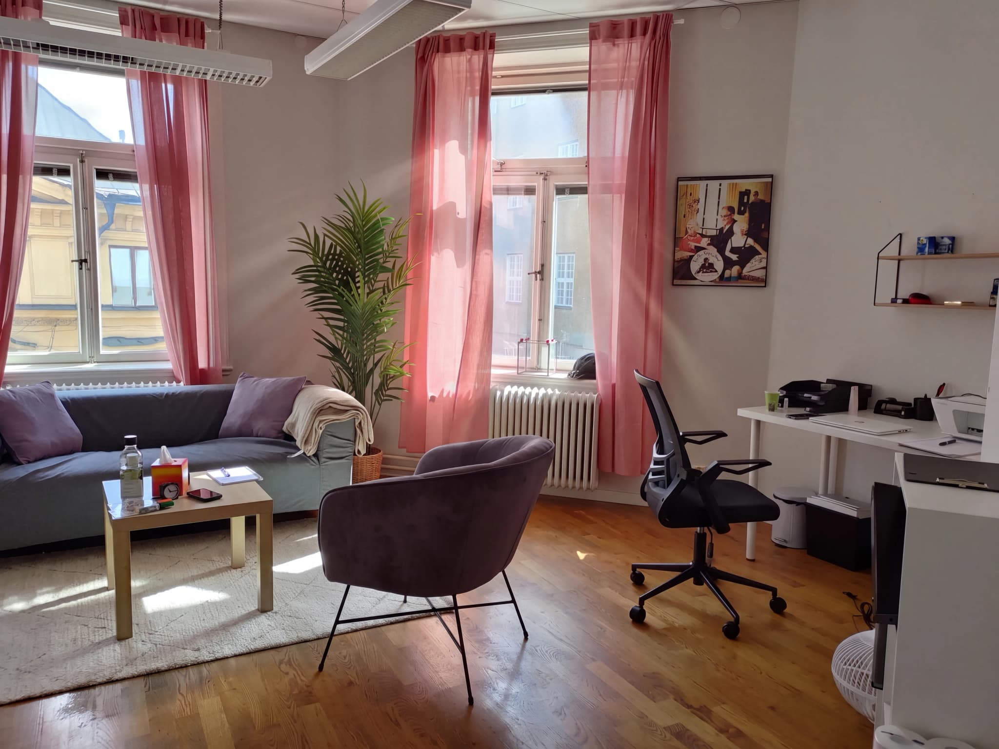 Ett ljust rum med en grå soffa, en bekväm fåtölj, ett skrivbord och rosa gardiner.