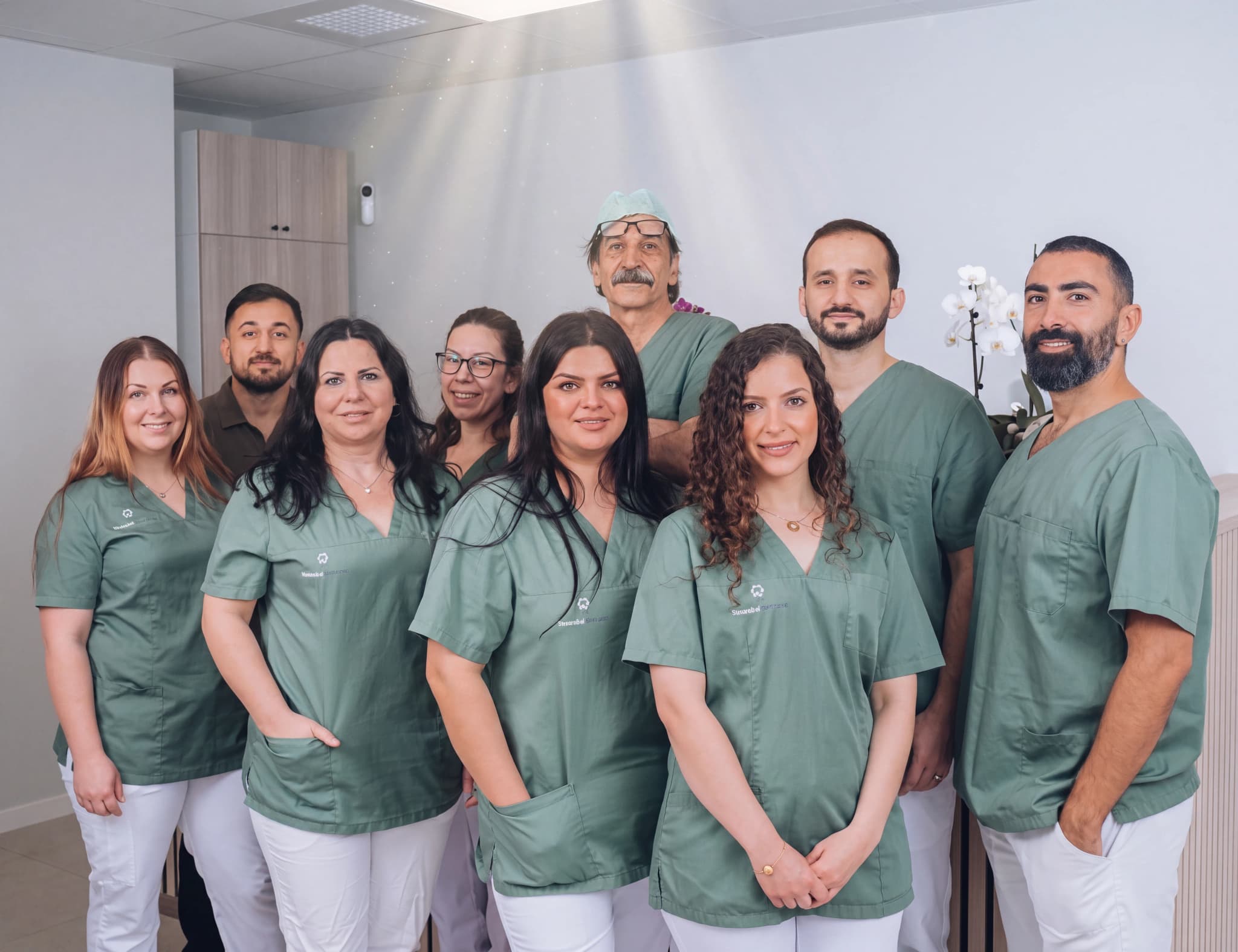 En grupp på åtta klinikanställda poserar för ett gruppfoto i en ljus, modern lokal.
