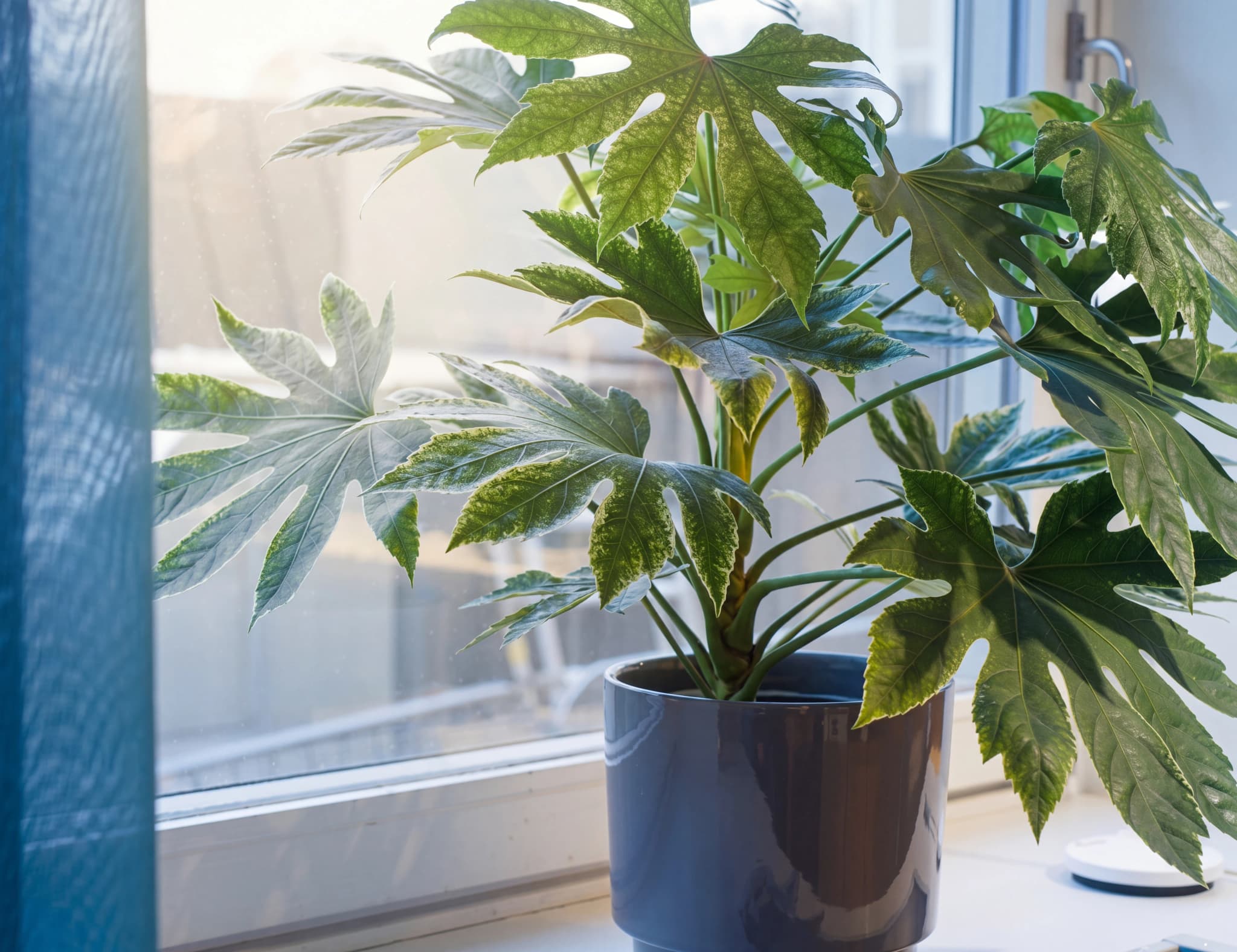 En grön krukväxt med stora, flikiga blad står på en fönsterbräda. En blå gardin syns i bakgrunden till vänster.