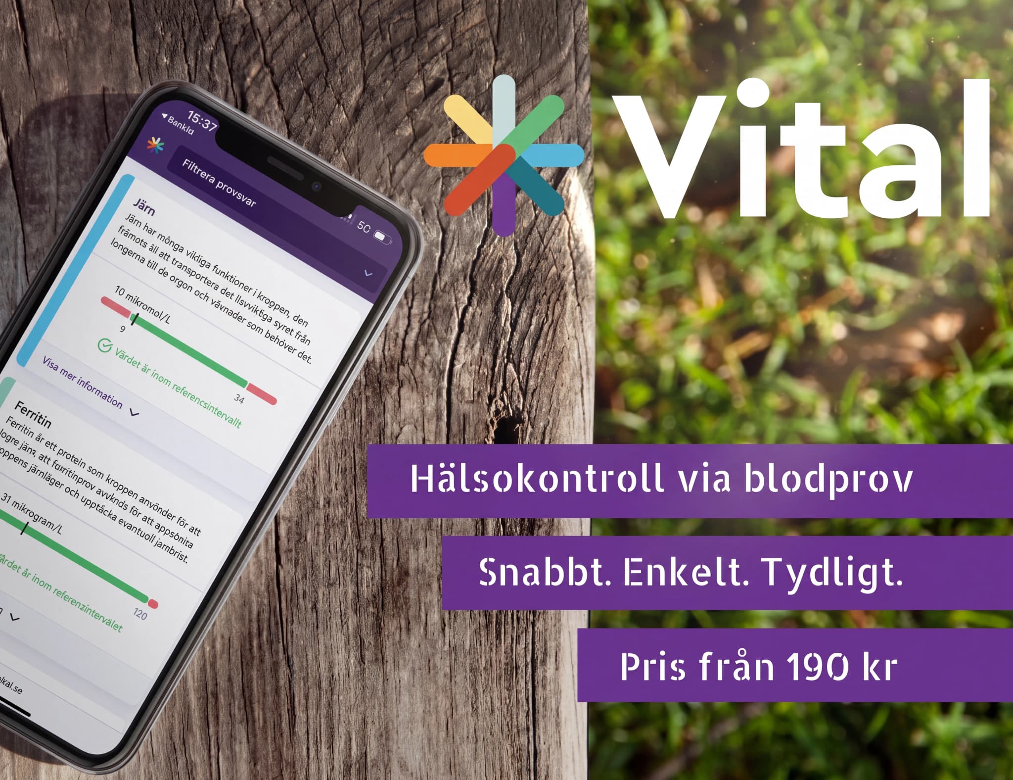 En mobiltelefon som visar Vital-appen med hälsokontroll via blodprov och information om järn och ferritin, placerad på ett träbord.
