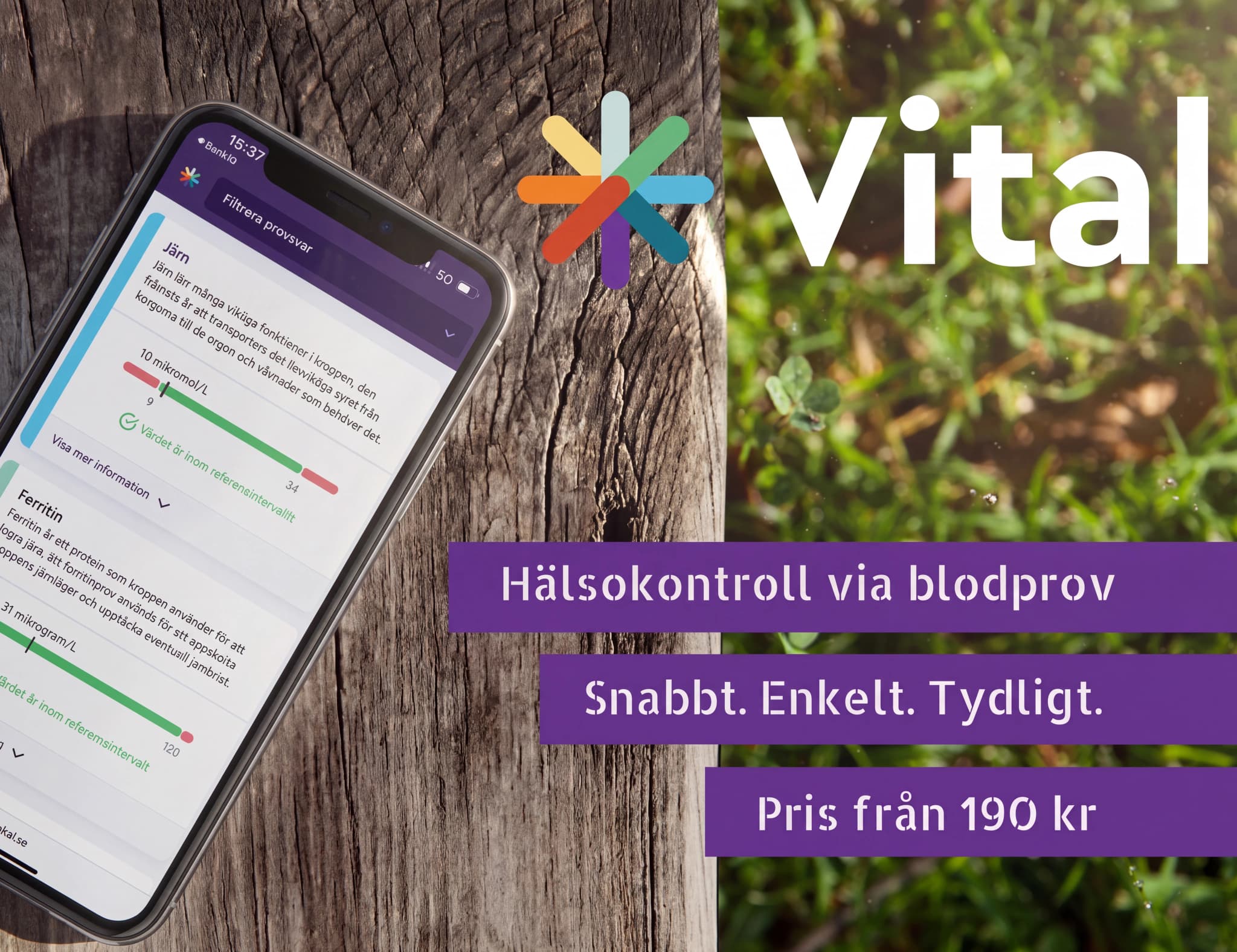 En mobiltelefon som visar en app med hälsodata, inklusive järn- och ferritinvärden, ligger på ett träunderlag bredvid ett naturmotiv med texten "Hälsokontroll via blodprov".