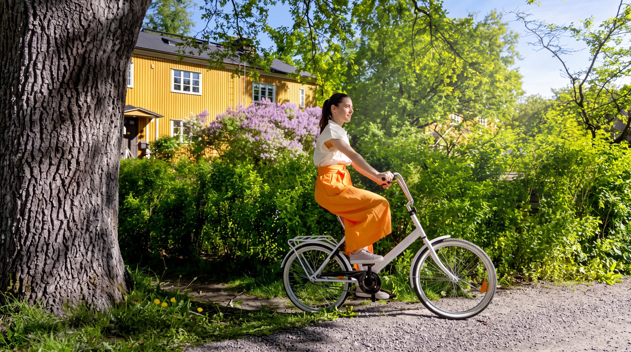 Kvinna cyklar förbi ett gult hus med lila syrener och grönska.